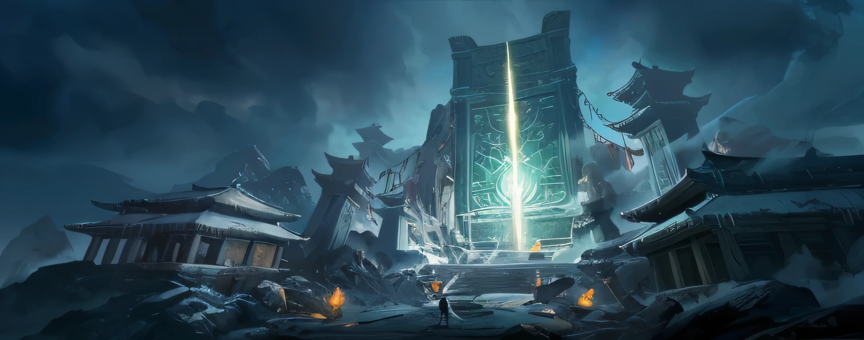 Crazy image of a man standing in front of a gate in a fantasy scene, Destruction Library Concept Art, 4k分辨率concept art, Von Joo conceptual art, 8k concept art, 8k concept art, drawn as game concept art, drawing studio, 8k High Detailed Concept Art , cyberpunk ancient Chinese castle