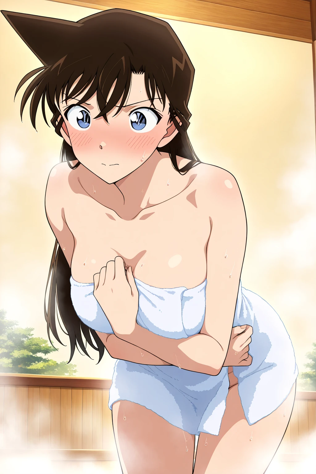 tendou_kasumi, , ovadress, standing, solo, large breasts,, masterpiece, best quality, detailed face, detailed eyes, highres,blush,nipples,sad,full colored