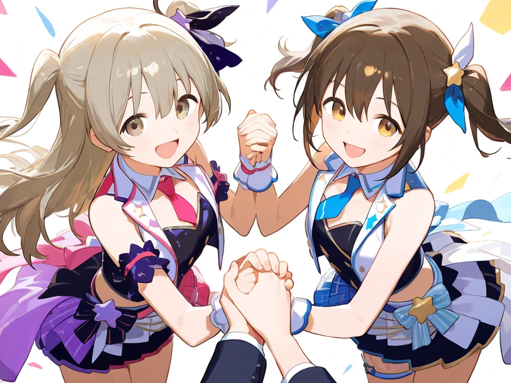 Fist and fist clashes, duels, colorful effects on background, two girls, bodysuit and sailor suit fusion, sailor suit and bodysuit fusion, small, pigtails, female brat, thick eyebrows, thin waist, beautiful blonde, braid, (masterpiece), ((highest quality)), (super detailed), girl, clean and detailed face, five fingers, textile shading, perfect anatomy,