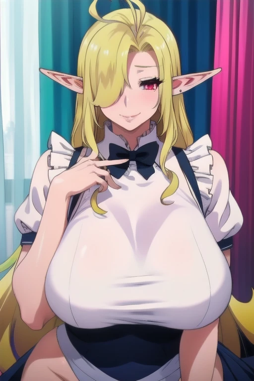 masterpiece, best quality, looking at viewer, upper body, portrait, looking at viewer, seductive smile, put your hands behind your head, armpits, armpits visible, sweaty armpits, celestine, very large breasts, long blonde hair, wearing white croptop,