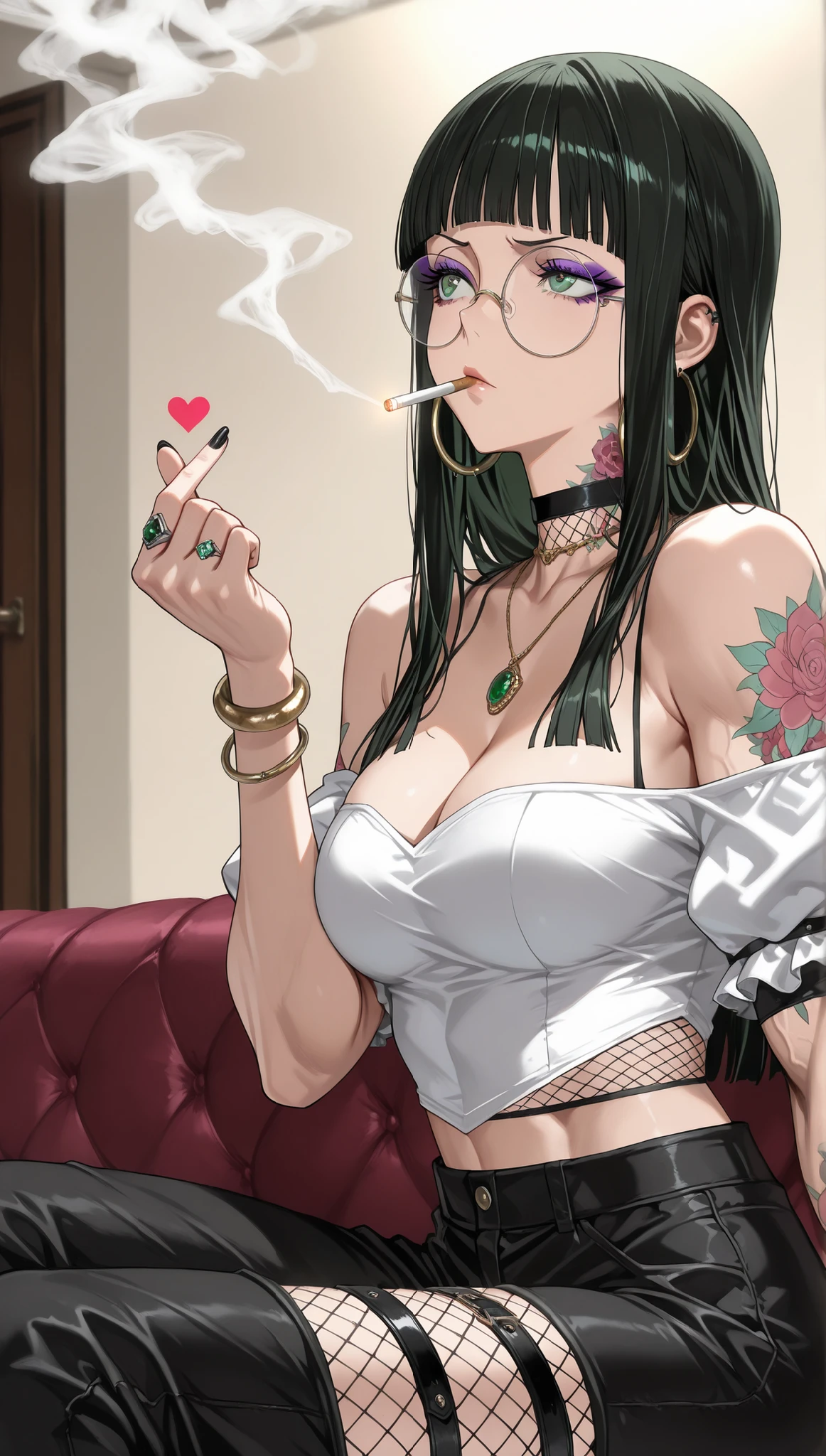 score_9, score_8_up, score_7_up, score_6_up, uncensored, Yor Briar, black hair, earrings, white hairband, hairband, long hair, sidelocks, red eyes, naughty face, shiny skin, sweating, steaming body, heavy breathing, BREAK (masterpiece:1.2), best quality, high resolution,(detailed eyes:1.3), perfect lighting, (perfect hands, perfect anatomy), hearts, pleasured, large breasts,  race queen, cropped jacket, highleg bikini, micro shorts, thigh boots, peaked cap, sitting, crossed legs, armchair, fog, (holding condom:1.3), condom, drooling, parted lips, 
