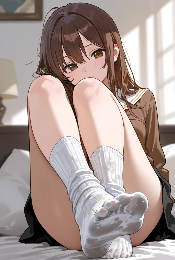 Highest quality, Super Resolution, 8k, (Delicate expression), Beautiful girl, Too young girl, Chibichara, Cute face, Shiny brown hair in a ponytail, Perfect human body, She is completely naked, (Small breasts), Small breasts, The nipples and areola are pale pink, Embarrassing, Showing off virgin pussy and anus, I want you to lick my pussy, I want you to touch my pussy, A pussy that is wet from orgasm, Spread your legs wide, School uniforms are messed up, Immoral Eros, Bedroom, Makes men crazy, Immature female body,