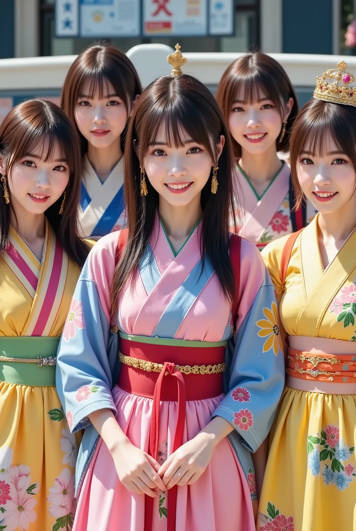 ((5 person group 1.5)),((female idol unit)),((着物と帯のを模した個性的なCostumeを着ている1.5)),Distinguish all 5 people by their hairstyle、Costume、color all different,Big smiles at fans