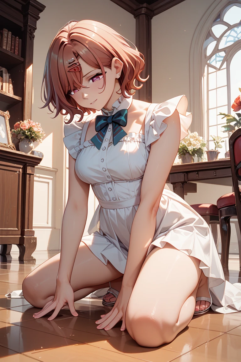 masterpiece, Highest quality, High resolution, Gloria1, 1 Girl, Gloria\(Pokémon\), Brown Hair, , Brown Eyes, , Short Hair, , Bobcut, bangs, , 1Describe a girl carefully 1Girl Expression in love blush Open Mouth blush church Wedding dress(mini skirt) breast enhancement