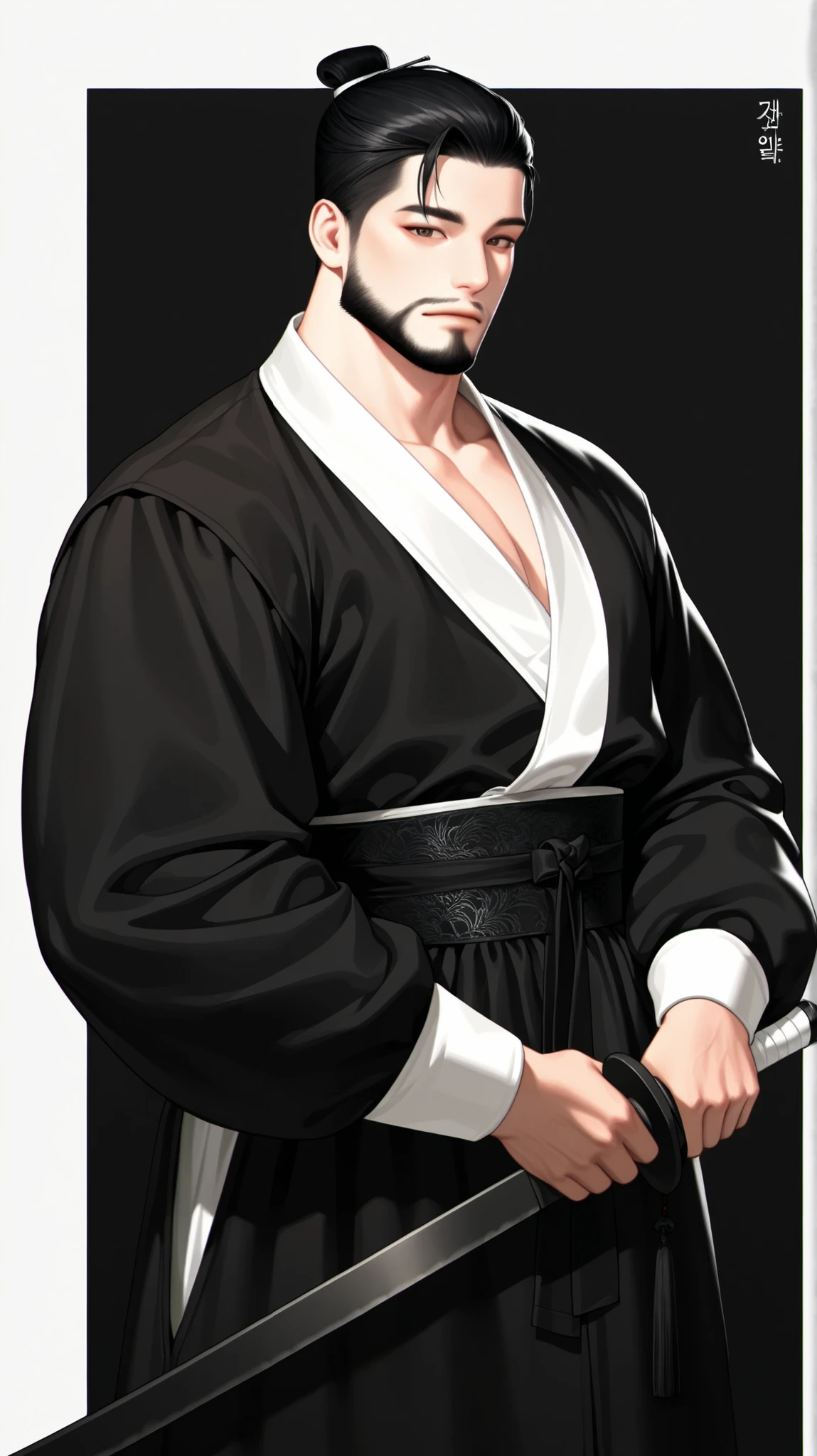 very aesthetic, 걸작, 고해상도, 8k 해상도, high contrast, semrealistic, newest, koreanai, best_quality, finely_detailed_eyes_and_detailed_face, (1 man), brown_eyes, black_hair, beard, chill out , short_cut,  slicked_back, updo_hair, black_hanbok, hanbok, cheolrik, male_hanbok, looking at viewer, front_view, cowboy_shot, (white_background), (masculine, strongman waist) , holding_sword 
