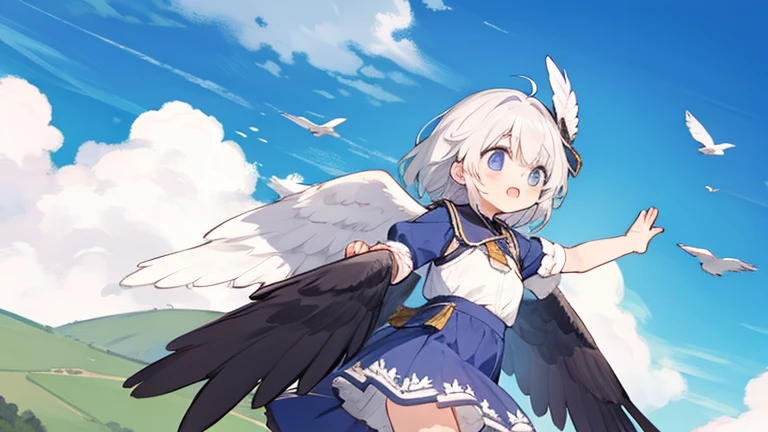 Age unknown,Unknown gender,Angel,She has super long white hair in twin tails.,Golden Eyes,White clothes,Barefoot,Flying in the sky