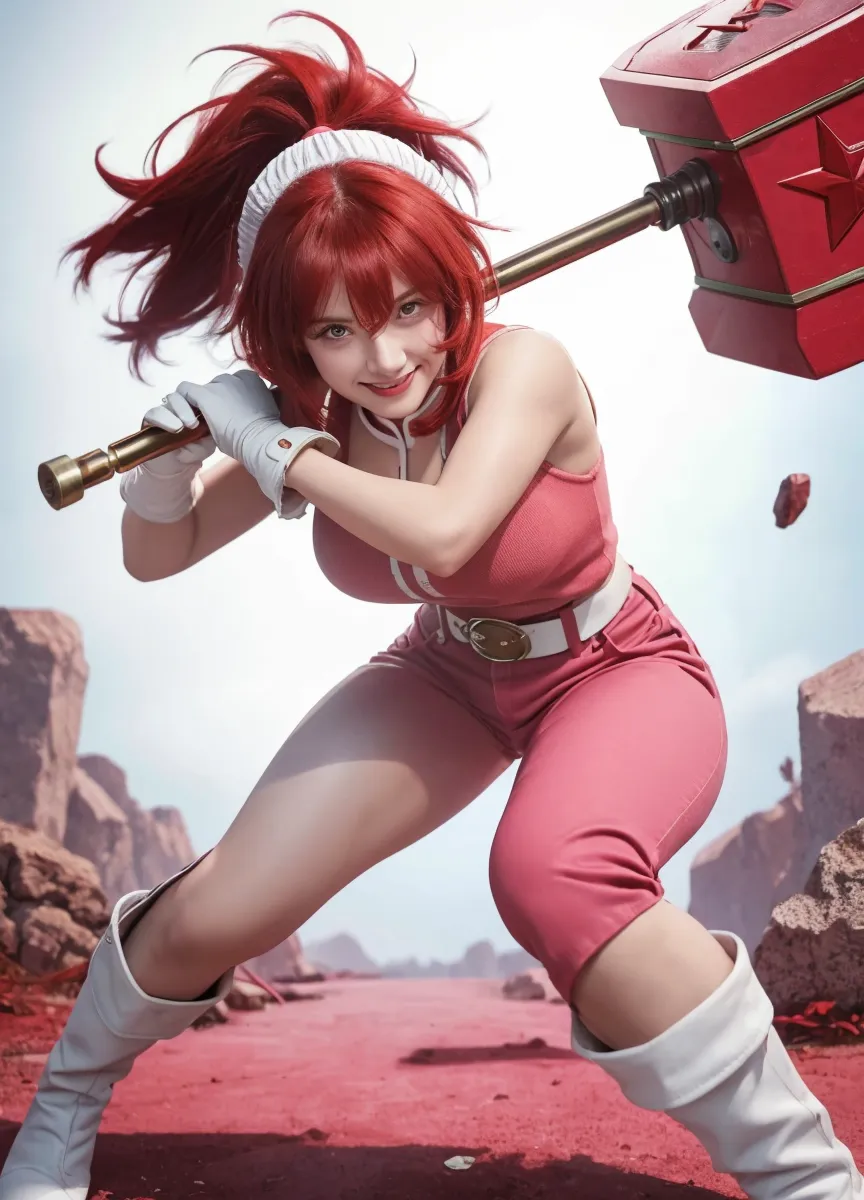 score_9, score_8_up, score_7_up, score_6_up, score_5_up, score_4_up,  best quality, 1girl, dark skinned girl, solo, red hair, Ponytail, anime hair, headband with a blue stone in the middle, green eyes,  red and pink outfit, elbow gloves, skirt,  thigh socks, lips intertwined, looking at the viewer,    <lora:Shayla_El_Hazard:0.8> kick, leg in the air,  sky,