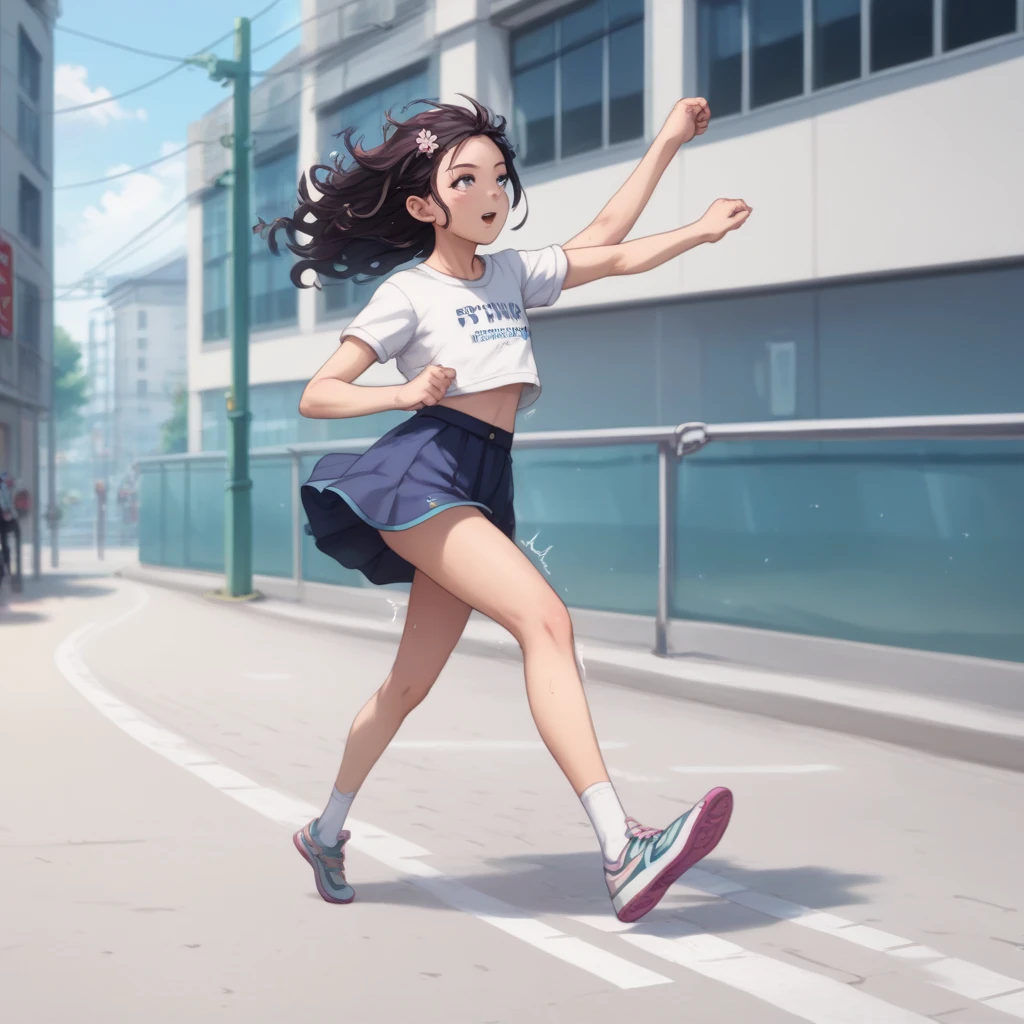 A cartoon drawing of a woman sprinting down a hallway, zoomed in on her lower body, Shorts, socks