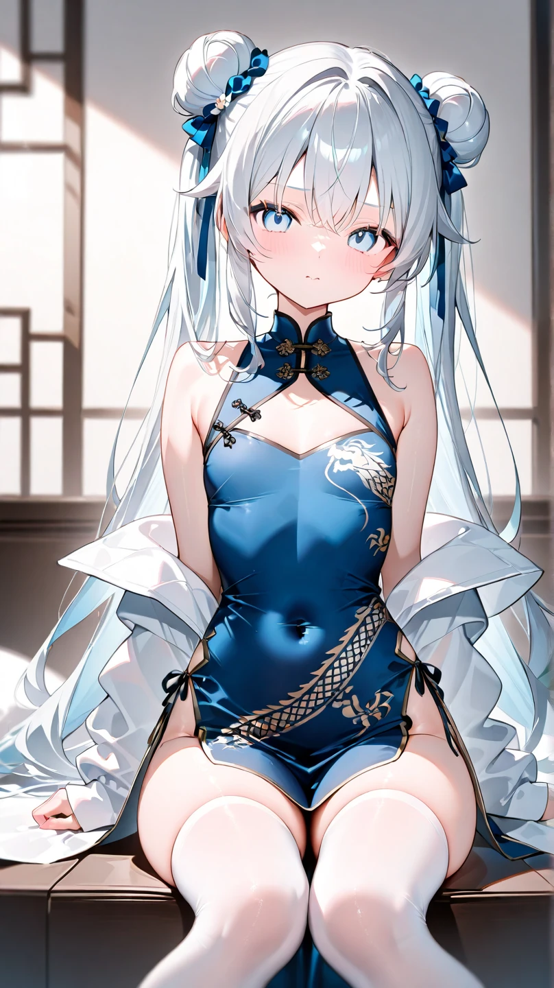 ((masterpiece:1.4、top-quality:1.2))、1girl in、solofocus、delicated face、Highly detailed anime faces and eyes、(Blur the background:1.3、(transform sequence)、((stright long hair))、Soio、Soio、12 year old girl、japanes、Lori、Chiquita、a junior high school student、A dark-haired、((White and blue Chinese style leotard))、(highleg)、Tiara on the head、A smile、is standing、Facing the front、