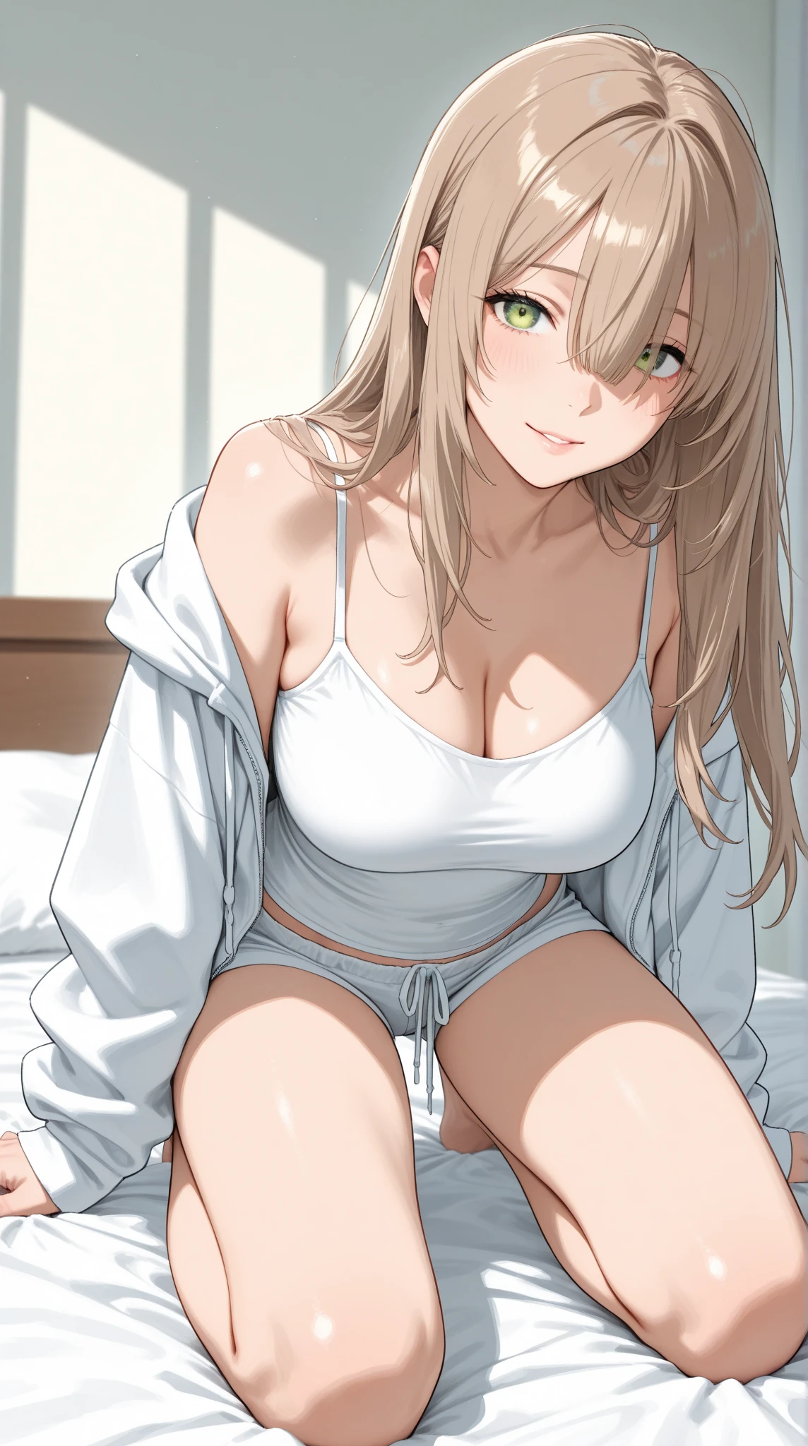 Highest quality, Soft Light, Ultra-high resolution,People Girls, alone, sexy, (A teasing smile), (Open your mouth:1.2),(Green Eyes), Beautiful face in every detail,(High resolution detail of human skin texture), (White curly long hair), break,(Sweat:1.1),Sigh,Saliva dripping from the mouth,White hoodie,bra,White shorts,Half-naked,Put your hands in your hair,On both knees,bed,Looking up at the viewer,(Fellatio gestures:1.1),Spread your legs