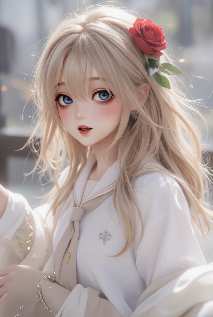 (highest quality, masterpiece), One girl, Pause, particle, Wind, flower, Upper Body, Simple Background, View your viewers, blonde, Milky Way,smile、long hair、milky way