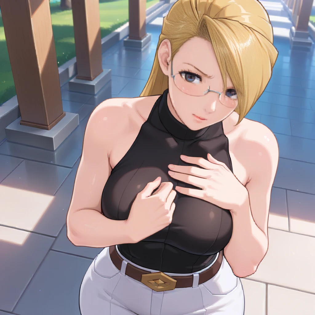 (masterpiece, best quality:1.2), cowboy shot, solo, Android 18 from Dragon Ball, collarbone, cleavage, ((slip-on one-shoulder crop top)), (light gray top:1.2), no jacket, midriff-baring, navel, ((white baggy pants with one button undone)), skimpy thong swimsuit, small breasts, short blonde hair loose, ((blue eyes)), ((wearing glasses)), earrings on earlobes, slender feminine figure, narrow waistline, skinny body, (plane black cap), (cap without logo), beach sandals, sunlight, walking, looking at viewer, light blush, arms behind back, Valletta's large Triton Fountain, baroque architectural style, natural lighting and shadows, blur background,4K