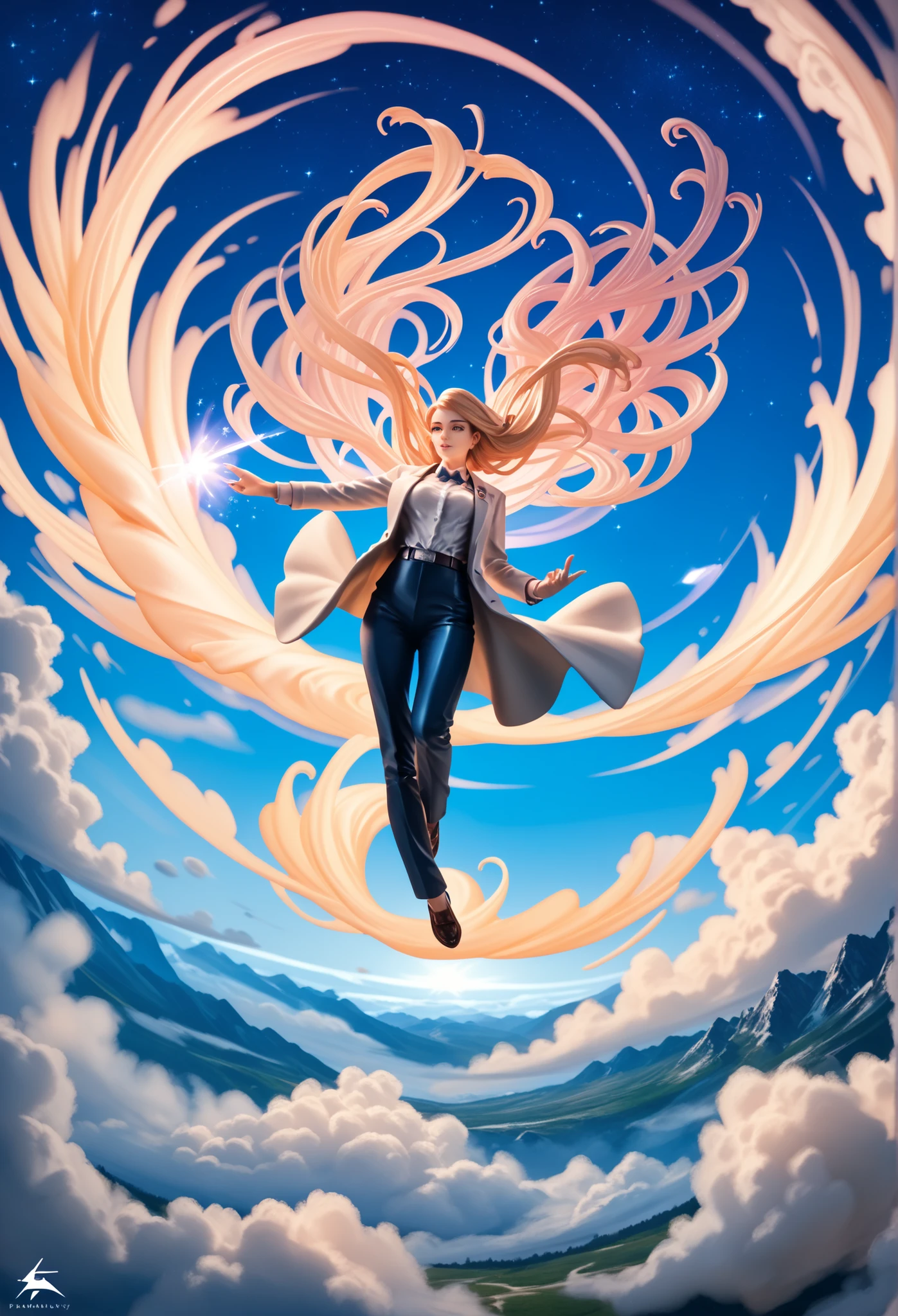 a dream-like landscape, detailed facial features, serene expression, floating in the air, surrounded by ethereal mist, high resolution, 4K, photorealistic, professional painting, dramatic lighting, fantasy atmosphere, magical glowing energy, surreal colors, vibrant palette