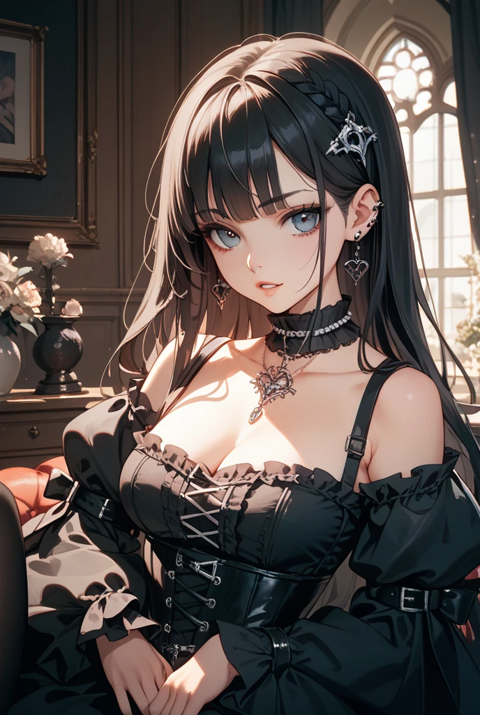 masterpiece, best quality, highly detailed, high resolution, expensive resolution, high resolution, 4K, 8k, Unity 8k wallpaper, highly detailed CG, masterpiece, 2D, 3D, beautiful details, depth, fine texture, best quality: 1.3, perfect focus, crispy skin, him, very cute, one 20-something girl, before a date with him, enjoying fashion, short twin tails, mole under eye, looking at the viewer, expensive, blush, mole, parted lips, heart, pink eyes, choker