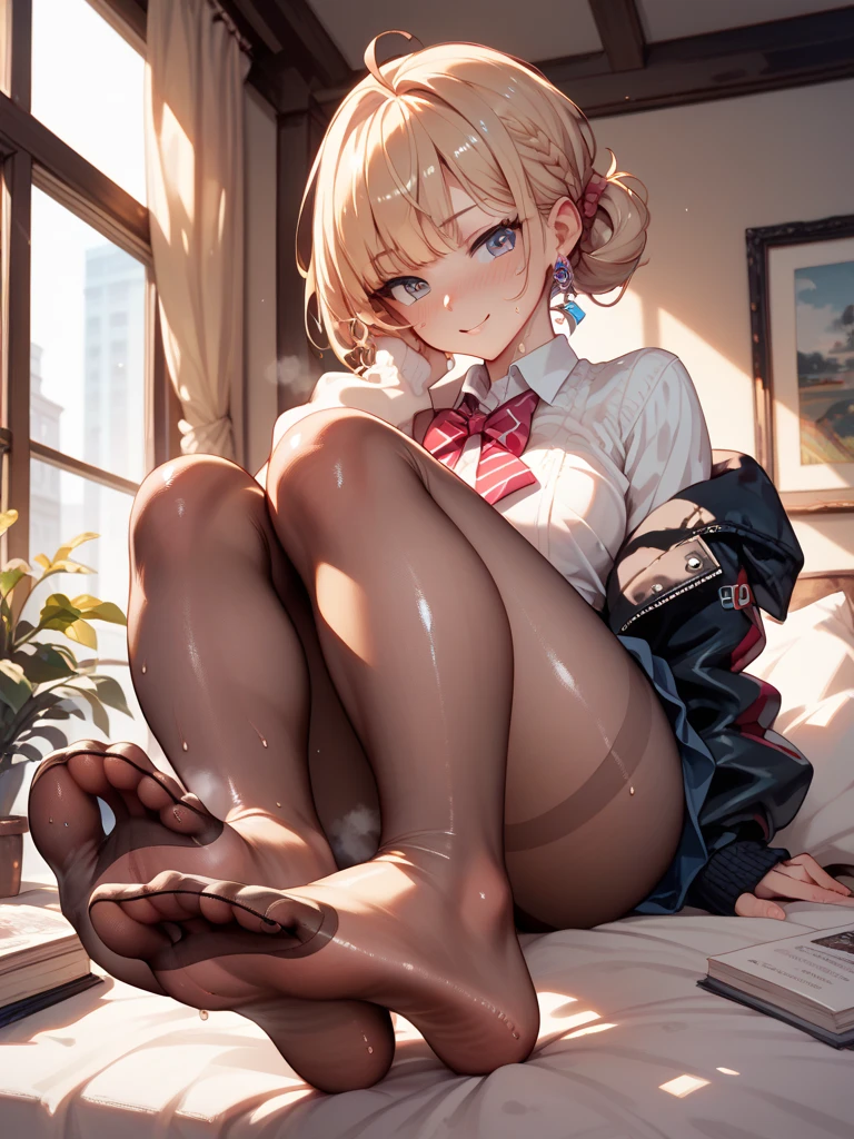 nsfw,superrealistic anime,masterpiece,ultra detailed,8k,white dress shirt,school sweater,(short plaid pleated skirt),curvy body,(tanned skin:1.1),(japanese gyaru),seductive cute face,silver panties,sitting on carpet,knees up,painted toe-nails,makeup,at messy private room,left clothes on floor,wardrobe,desk,(messy floor),short hair,frontshot,(tareme),exhausted