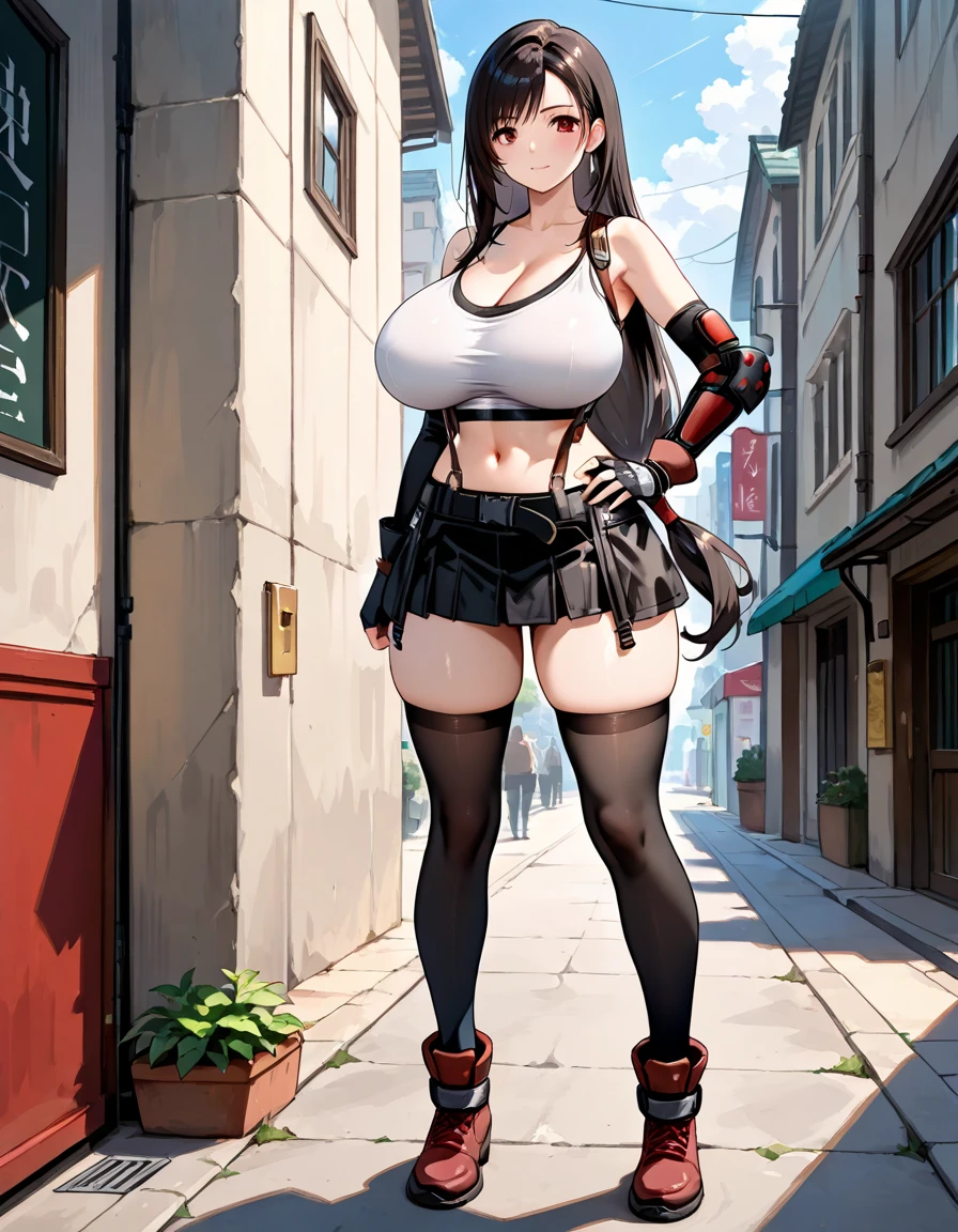 a woman wearing a Tifa Lockhart outfit, on a porch of a house, smiles, eye red