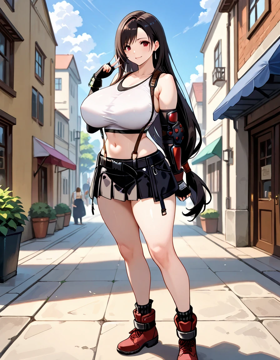 Highly detailed, High quality, masutepiece, 1 woman, walking down the street, Red eyes, Happy expression, Dark blue hair, Longhaire, Brown pantyhose that reach above the navel, high neck tube bra, Navel Bow Style, Denim shorts with cuffs, Ankle Boots, black belt choker, Blue beret, Brown long gloves made of stockings, Finger Sticking Gloves, Chest modest, Outdoors, A clear day.
