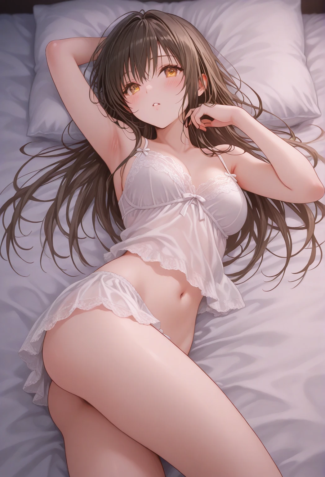 Sheer plain bra, Sheer plain panties, Cute, Brown hair, Long hair, , Legs spread, Pure white sheets, Shape of female genitalia, Nipple shape, Full body, Body lines clear, Sexy pose, Lying on bed, Thrusting hips up, Open female genitals, Masturbating