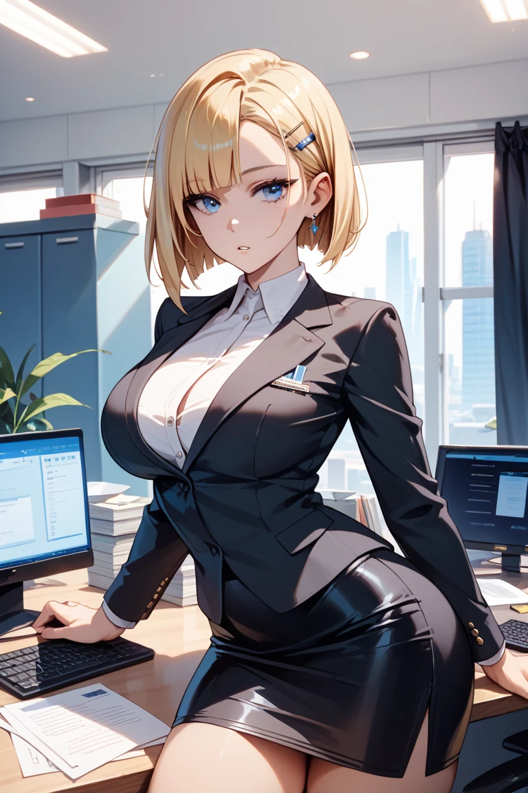 woman, Double ponytail blonde, blue eyes, Dark brown skin, Large Breasts, Dressed in office ladies and tights.