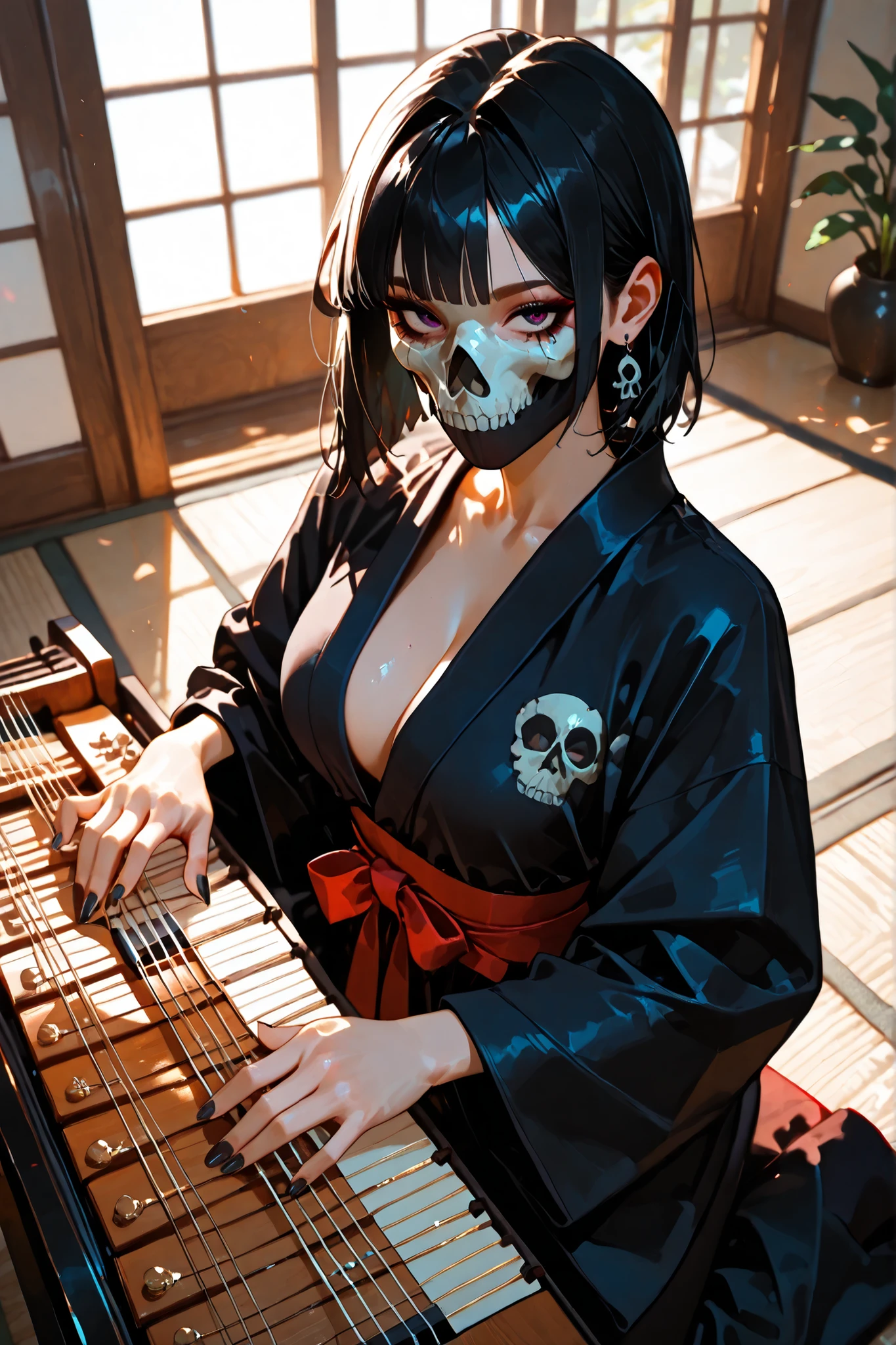 (SuperQuality:1.0) ~ (SuperQuality:1.2), detailxl, girl, Solo, High Resolution, Best Quality, High Details, Super Detailed, indoors, (simon_riley), ((skull_mask)), kimono, rectangle earrings, large breasts, short hair, black hair, long nails, black nails, kneeling, playing a guzheng instrument, looking at viewer, beautiful eyes, ((view from above)), 