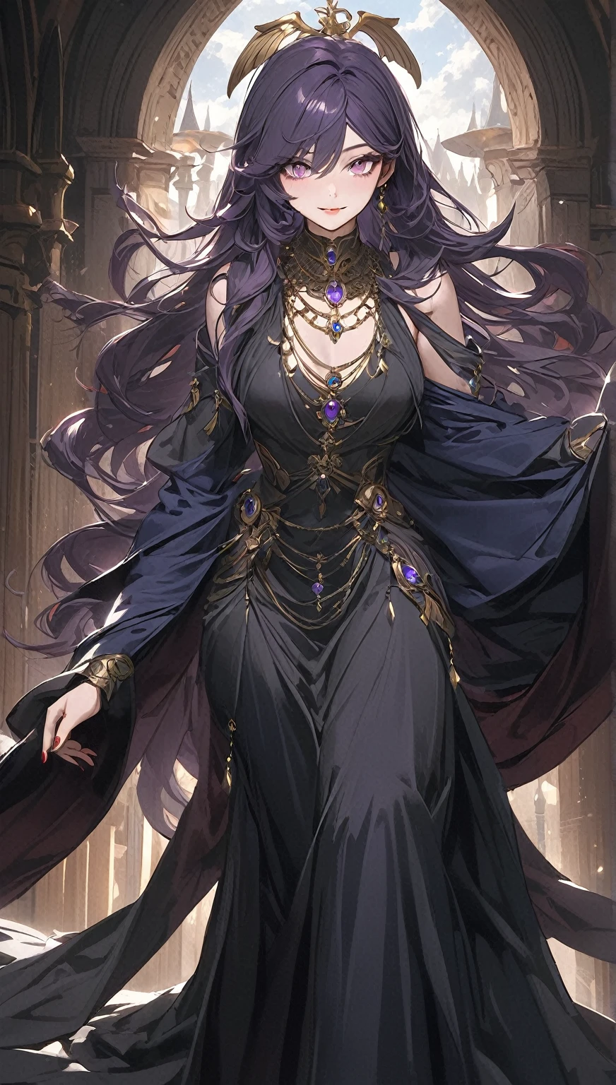 ((anime moe artstyle)),((Masterpiece)), (Best Quality), (Super Detail), Illustration, (((Very Delicate and Beautiful))),Dynamic Angle,Looking at viewer,((((Solo)))),(((Full body))),(((1 arrogant empress in gorgeous black ball gown))),((holding a scepter in one hand)),(standing),dominant pose,(arrogant),(((haughty smile))),Purple eyes,(Sharp eyes),Detailed Face, Long Eyelashes,Jet Black Hair,Straight Hair,((Very Long Hair)),Bangs between eyes,((((gigantic breasts)))),cleavage,((skindentation)),curvy,off shoulder,See-through,(gorgeous embroidered ruffled black and gold rococo ball gown),(fluffy rococo ball gown with gorgeous embroidery),((gold trim)),(((hoop skirt))),long skirt,corset,crinoline,opera gloves,Beautifully Gorgeous jeweled big tiara,Beautifully Gorgeous gem earrings,Beautifully Gorgeous jeweled necklace,Beautifully Gorgeous jeweled ornaments,indoor,light particles,royal palace,