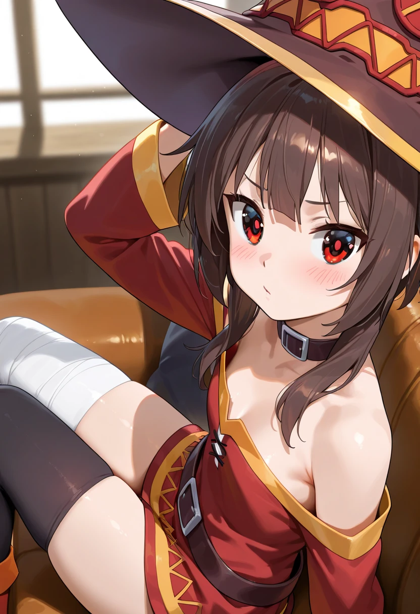 (masutepiece, Best Quality、超A high resolution、Photorealsitic:1.2、Isekai Fantasy),hyperrealistic illustrations,Perfect focus,Perfect body、独奏、 1人の女性,Megumin, Short hair, Dress, Red dress, hat, Witch Hat, Belt bag,In the steppe,((Lying on your back:1.3)),(Spread legs:1.3) ,(Ultra Micro Panties,Deeply bitten panties,Very thin wet panties),(:1.4),Looking at Viewer, Cute, tiny chest,small tits, red eyes, Dark hair,Beautiful detailed eyes, Detailed skin,Detailed clothing,Detailed panties,Detailed female genitalia,embarrassed:0.7, is crying:0.6,Late night bedroom background,(Low position shooting: 1.5),(Close-up in the crotch:1.38),full of sweat、(Ceiling from below:1.2)
