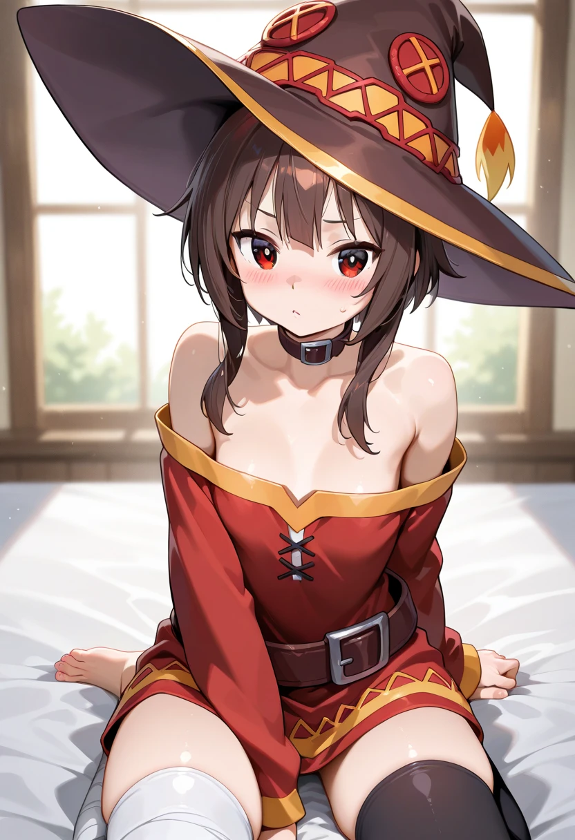(masutepiece, Best Quality、超A high resolution、Photorealsitic:1.2、Isekai Fantasy),Ecchi anime style,Perfect focus,Perfect body、(beauitful face:1.4)、独奏、 1人の女性,Megumin, Short hair, Dress, Red dress, hat, Witch Hat, Belt bag,on the park,((Lying on your back:1.3)),(Spread legs:1.3) ,(Black Ultra Micro Panties,Panties that dig deep into the female genitals,very thin and narrow wet panties),(:1.4),Looking at Viewer, Cute, tiny chest,small tits, red eyes, Dark hair,Beautiful detailed eyes, Detailed skin,Detailed clothing,Detailed panties,Detailed female genitalia,embarrassed:0.4, is crying:0.3,Late night bedroom background,(Low position shooting: 1.5),(Panties close-up:1.45),full of sweat、(Ceiling from below:1.2)
