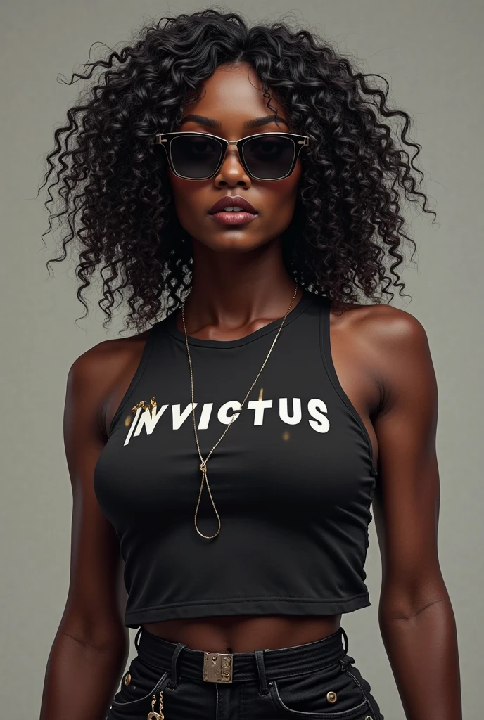 Black girl, 1, 50 tall, blonde curly hair, contagious smile, blue eyes, round face, perfect body, toned legs, perfect breasts, perfect butt, clothes: a short t-shirt and short shorts. Pose: frontal, black background.