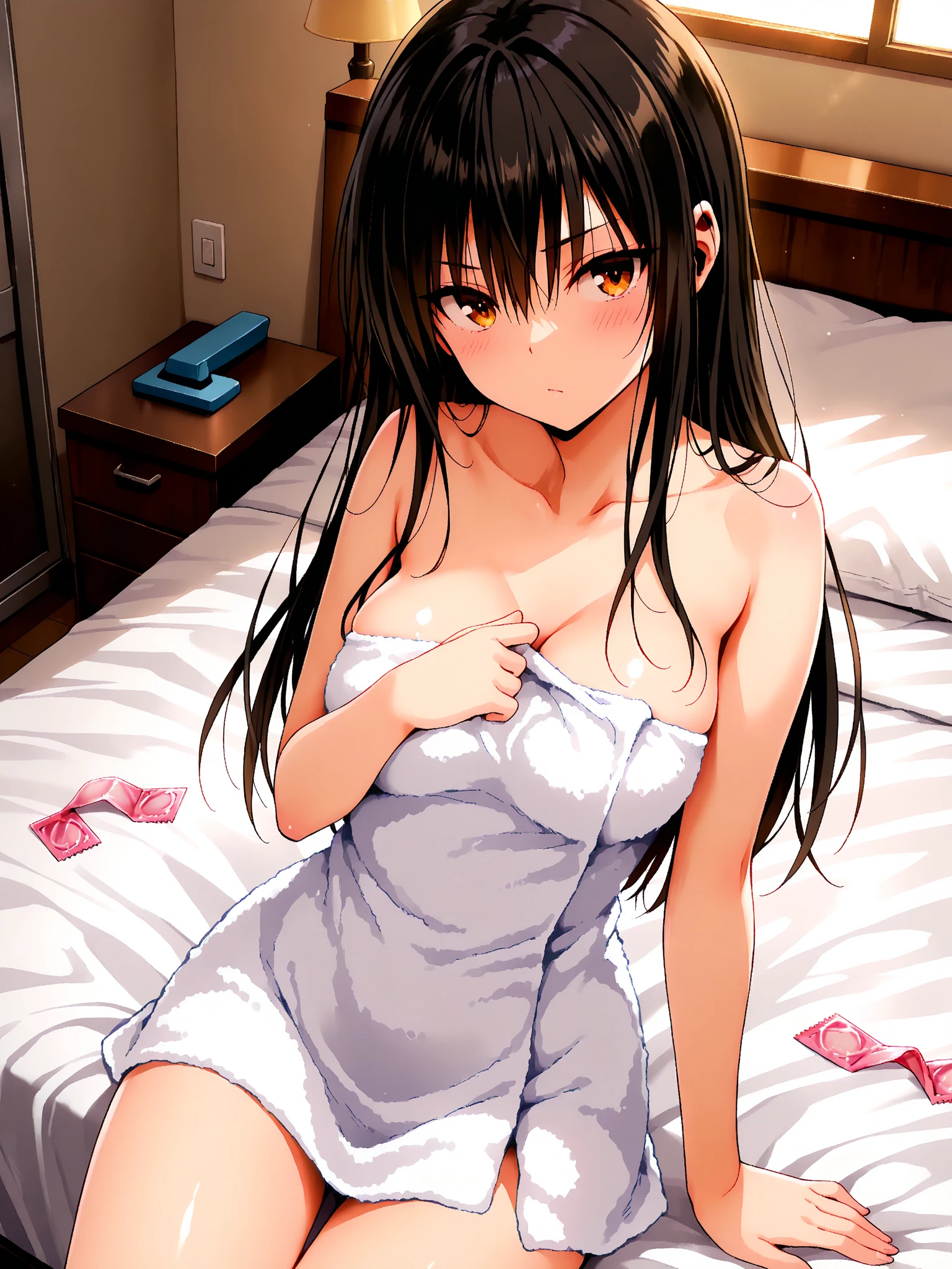 masterpiece, highest quality, Detailed face, Beautiful and detailed eyes, Beautiful Face, Perfect body, Official Art, grand plix award illustration, official art,Professional Lighting,

One girl, kotegawa yui, to love-ru,perfect body,black Hair, long Hair, brown eyes,

white collared shirt over naked,extra large shirt,sleeve past hands,all fours on the bed,wariza,she is wanted to be hugged

Style of Yabuki Kentaro, To Love-Ru art style,

libido expression, seductive smile