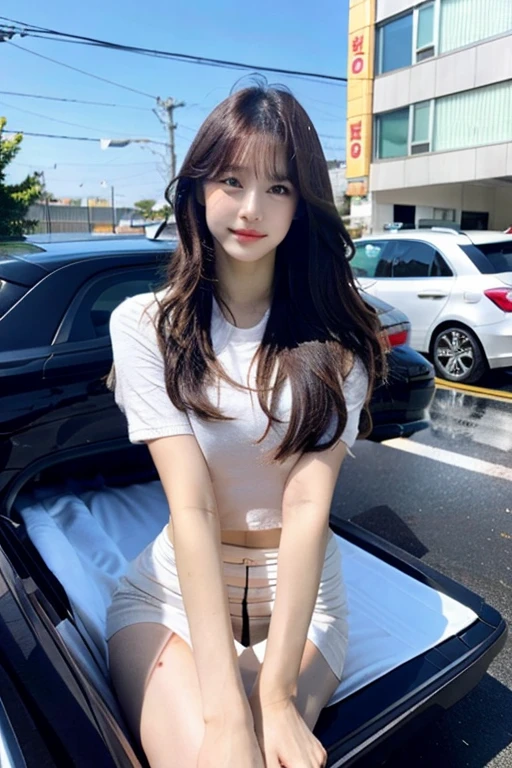 Beautiful woman wearing a dark blue dan Wearing clothes mini dress with decorations on the shirt and visible shoulders and wearing boots and being photographed with a background And being in the car while driving ,Korean style swag, beautiful face so gorgeous, Beautiful eyes, y2k style, swag style