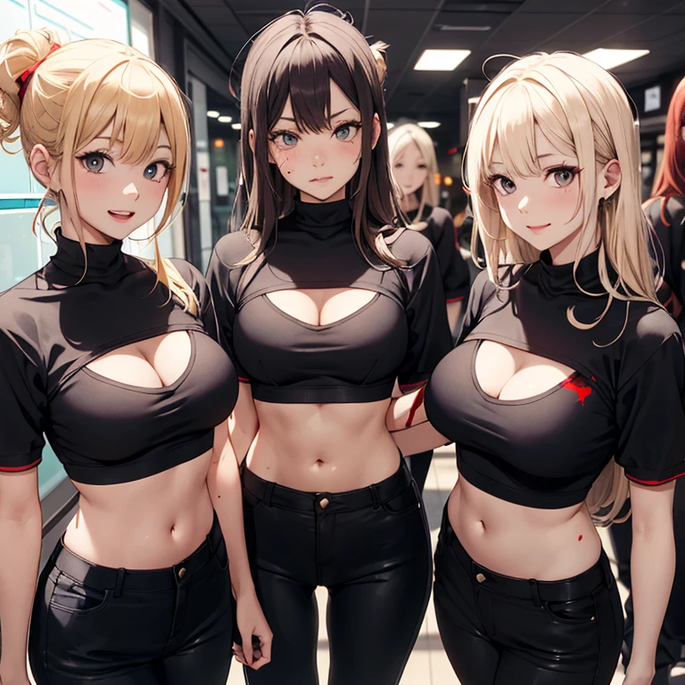 (Best quality:1.1), (Masterpiece:1.2), 5 girls,track suit,are standing,Highqualityshadow, Beautiful detailed, Beautiful face, Detailed eyes,Depth of field, A high resolution, Best shadow, Best illumination, Kizi, view the viewer, (Five-color hair:1.3),Brush cut,extra very short hair, Blunt bangs, Long hair, Black eyes, Shy, Large breasts, Miniskirt, Volleyball hall,inside in room,Exercise posture, Sunburn,Boo marker,cleavage,looks into camera,ssmile,closeup cleavage,Superskirt
