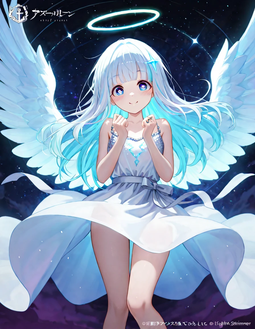 nude angel girl wearing an ethereal translucent dress, pale skin, ((blue mint wavy hair)), white feathers, angel wings, sparkling detailed eyes, golden ratio face, perfect composition, highly detailed, ethereal, (starry night sky background), midjourney style