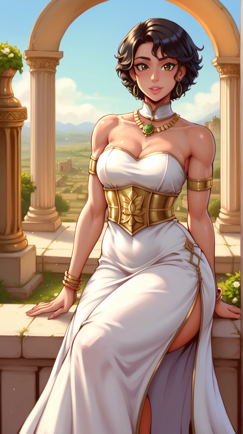 1 hot girl, Brunetette, girl stare, very dark skin, big black eyes, blouse showing shoulders, beautiful smile, africana
