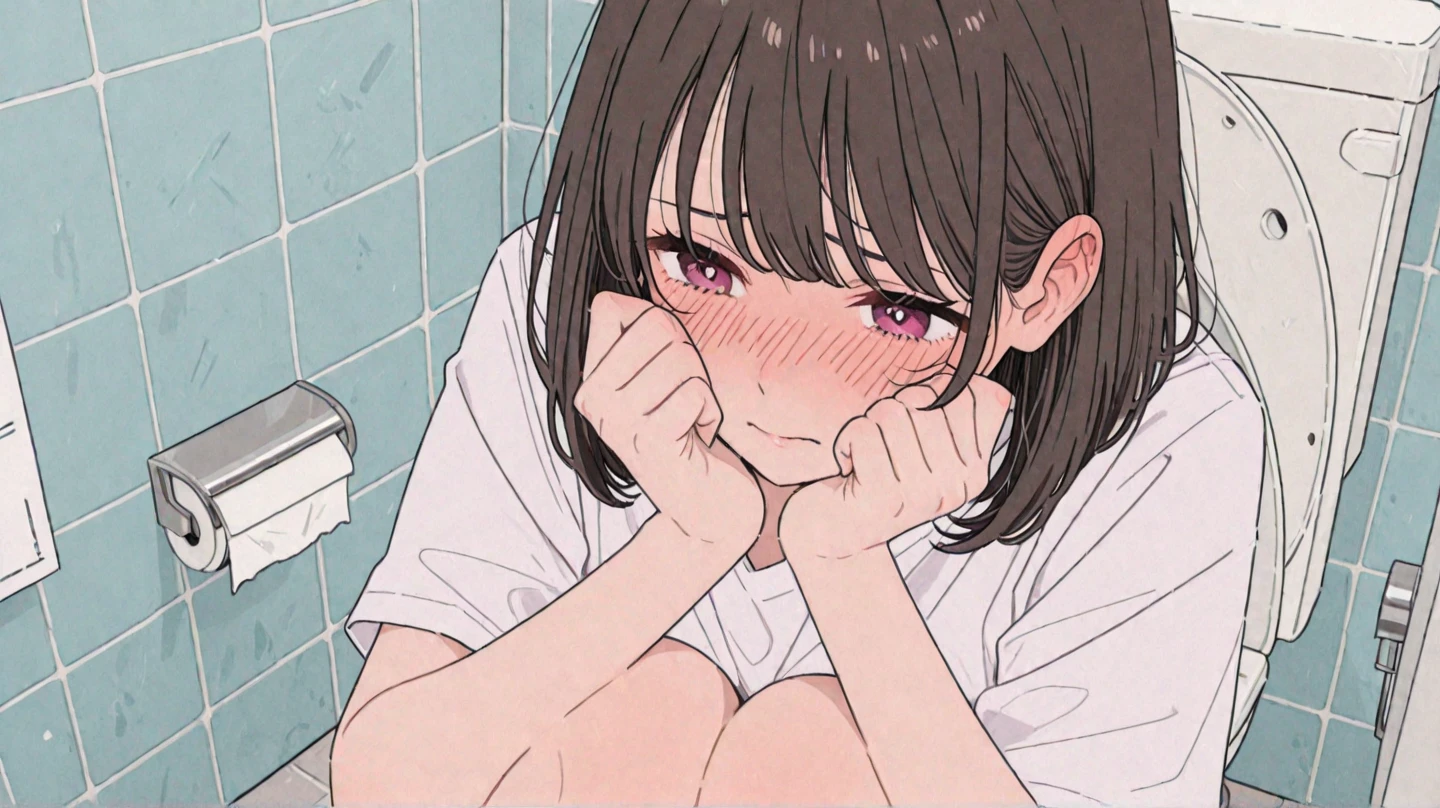 、black hair,reddish eyes、NSFW,very detailed、masterpiece、highest quality、Ultra high decomposition energy A、8K high resolution、Clear like a photo、ultra high resolution、Gradation depiction、photorealistic、The shops、Private toilet room、(upward glance:1.1)、based on anthropology、girl、detailed eyes、short hair、,、(white Tshirt)、hold the hem of a t-shirt, , ,active angle,, ,、(Show your big pink underwear:1.4), ,,, (frown:1.2),(angry:1.2),contemptuous,disdain,(hate:1.3),,elegant,active angle,dynamism pose, (embarrassed,nose blush:1.6),sitting、,