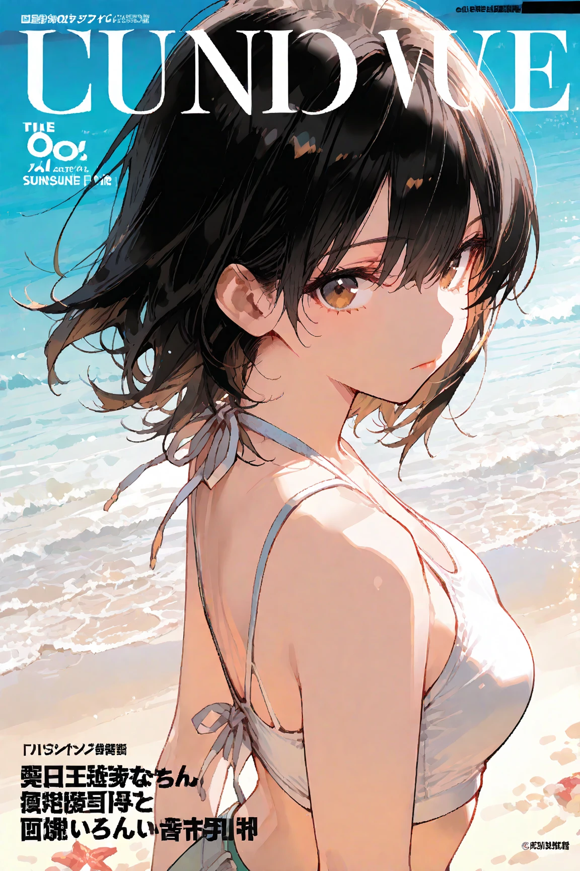 (masterpiece, best quality:1.2), full body, 1girl, (solo), Android 18 from Dragon Ball, ((stripe print, string bikini, paste bikini)), (wariza, sitting), medium breasts, blunt bangs, short black hair, (black eyes), earrings on earlobes, slim, slender feminine figure, skinny body, blush, sky, magnificent view, blur background, 4K, open mouth, beach, smile, (Sandy Beach), beautiful butt, (back view), (crossed arms), side boob, back shot, night, moon,