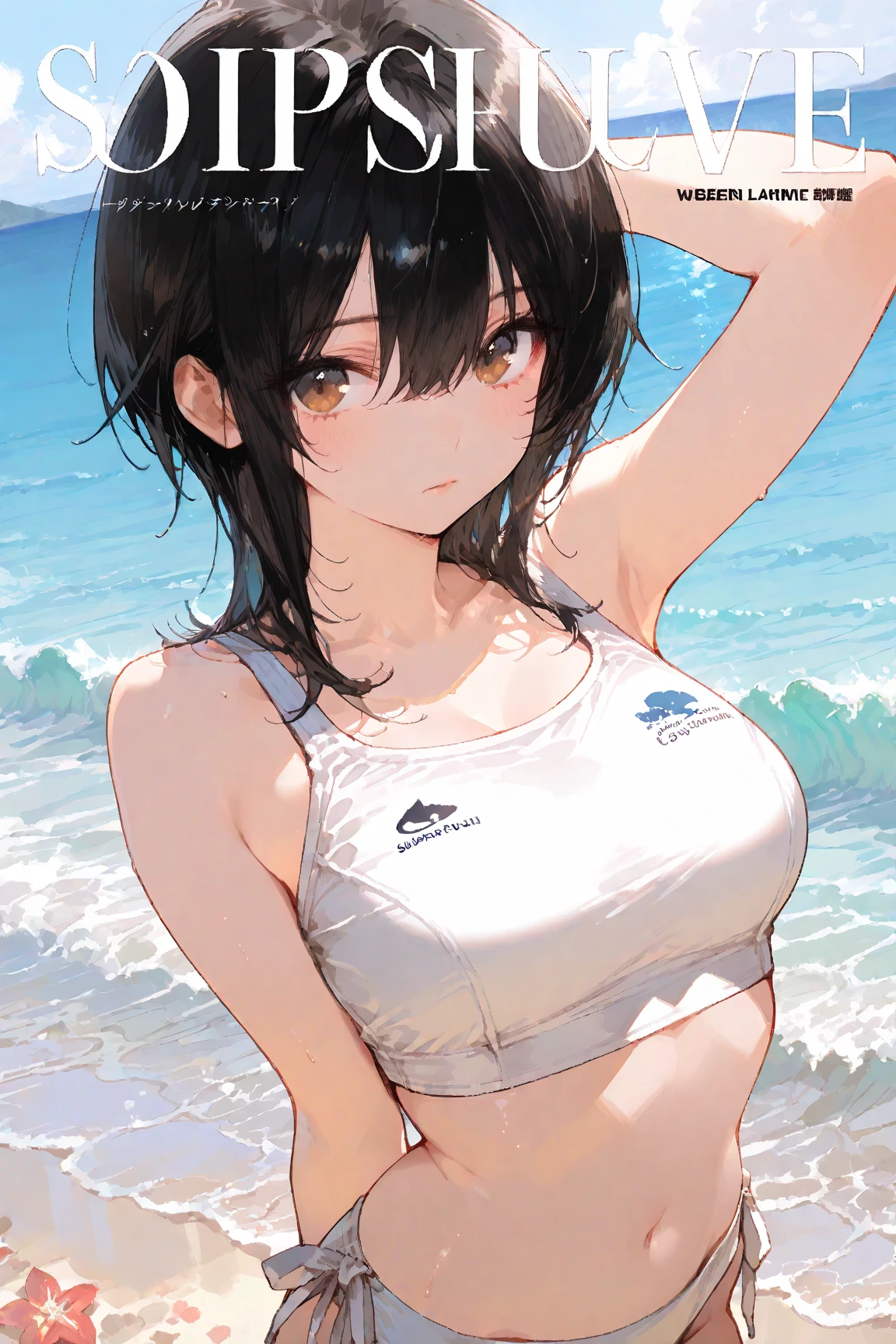 Highest quality、Big Breasts、Black Bikini、White T-shirt、The clothes are see-through、Your clothes are wet、Dog ears、Brown eyes、short hair、smile、belly button、Ocean