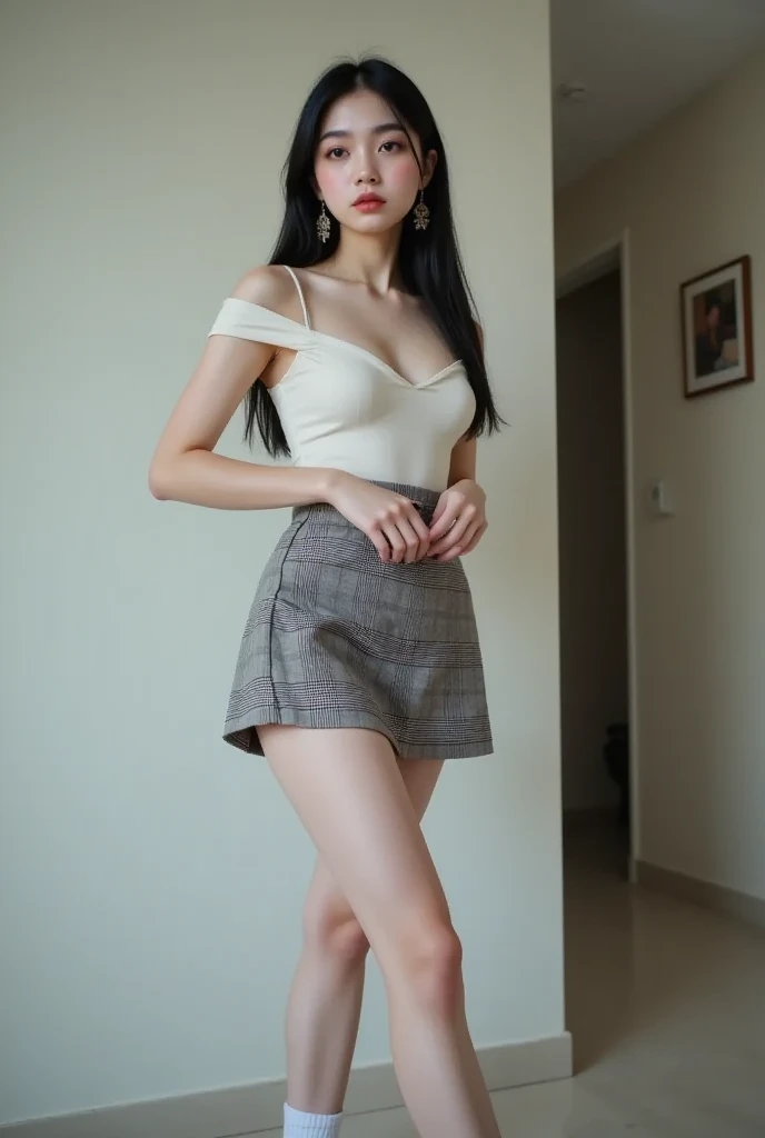 , twinsies、The ultra-detailliert, (A hem full flared shorts), (Oversized T-shirt with excess fabric when tucked into a skirt), (white strapless shirt), (Skirt full thigh), (knee-length outfit), ((full-body standing image)), (cotton spaghetti-strap top), (white sneakers), (a pair of white leather boots, highly detailed boots), (32K,1 20-year-old girl, The light from the rear room is backlit, Ray traching), (top meets shorts), (bare arms), (bare shoulder), (A hem full flared shorts, (upper breasts are firm), (short upper chest), (full breasts), (shorts), (large knee), (large shin), (black shorts), (black shorts), (black shorts), (black shorts), (black shorts), (black shorts), (black shorts), (black shorts),  (Breasts tilting towards the upper chest :1.5), (a girl pretty girl with perfect figure)
