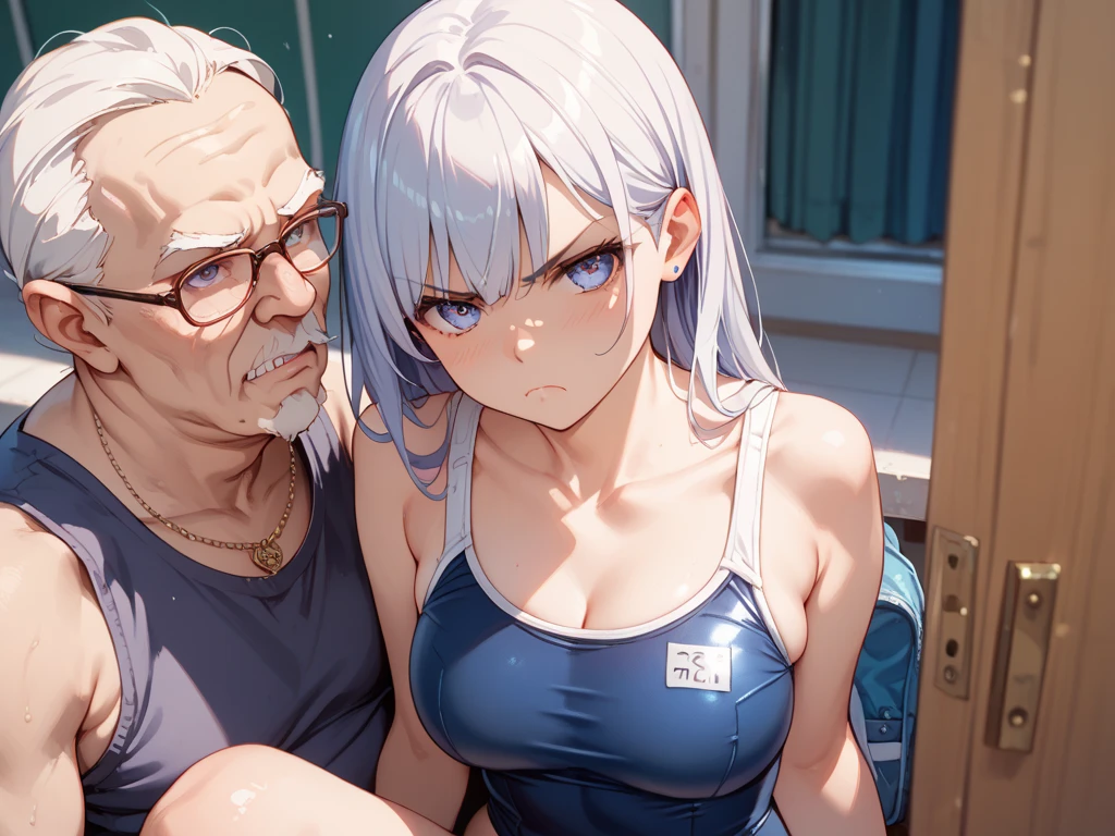 Beauty、Swimwear、Embarrassed、Big Breasts、Being penetrated by a creepy old man
