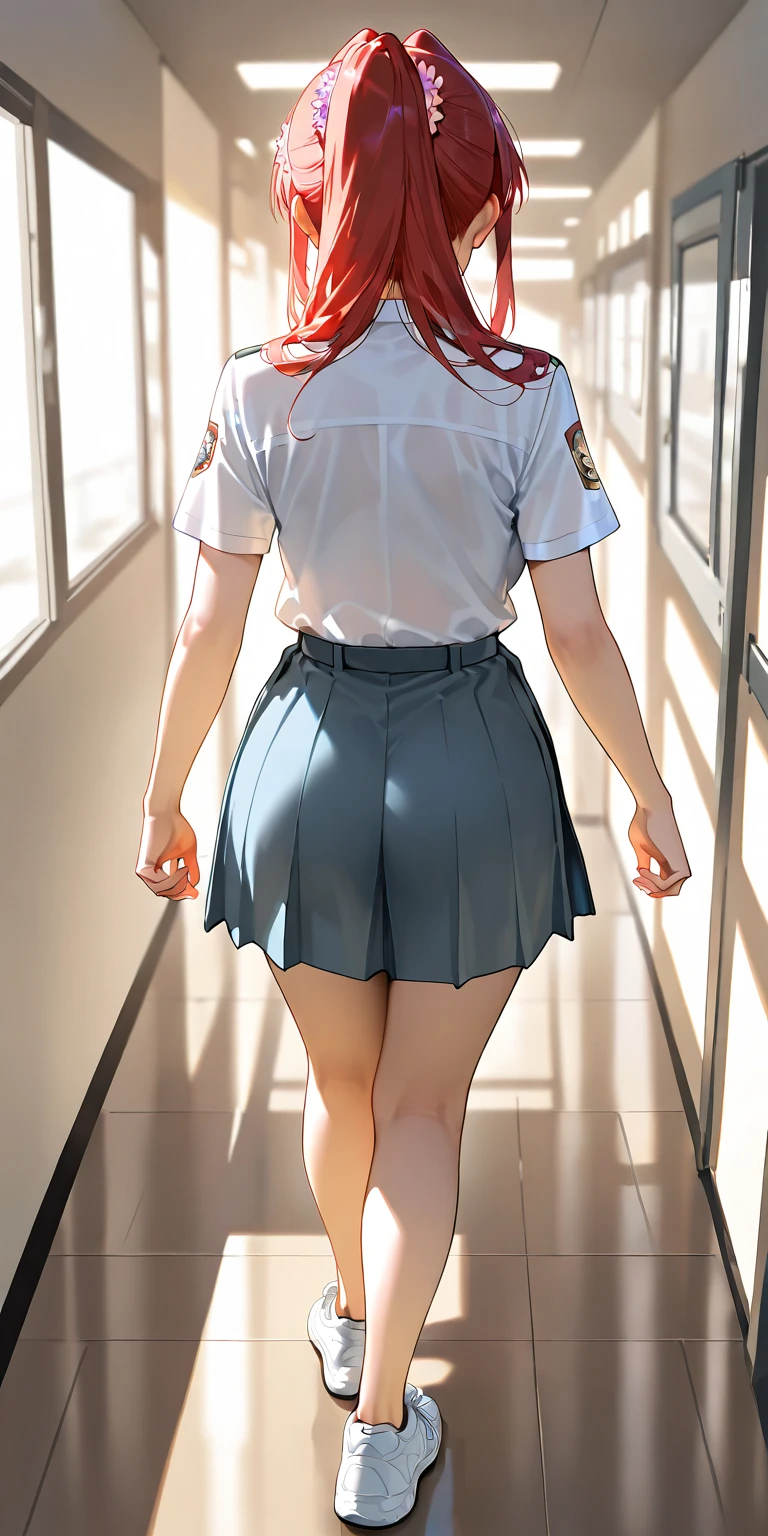 There is a woman wearing a high school uniform skirt.,  Surreal school girl, a Surreal school girl, Low - Angle:2, Fascinating anime,Light blue ponytail,Feeling embarrassed, Composition looking up from below, Very close shot,Showing her panties ,pant ,Showing thighs, | Anime with attention to detail, Photorealistic Anime Rendering, [ 4k digital art ]!!, Lower body close-up, Thigh close-up ,masterpiece:2