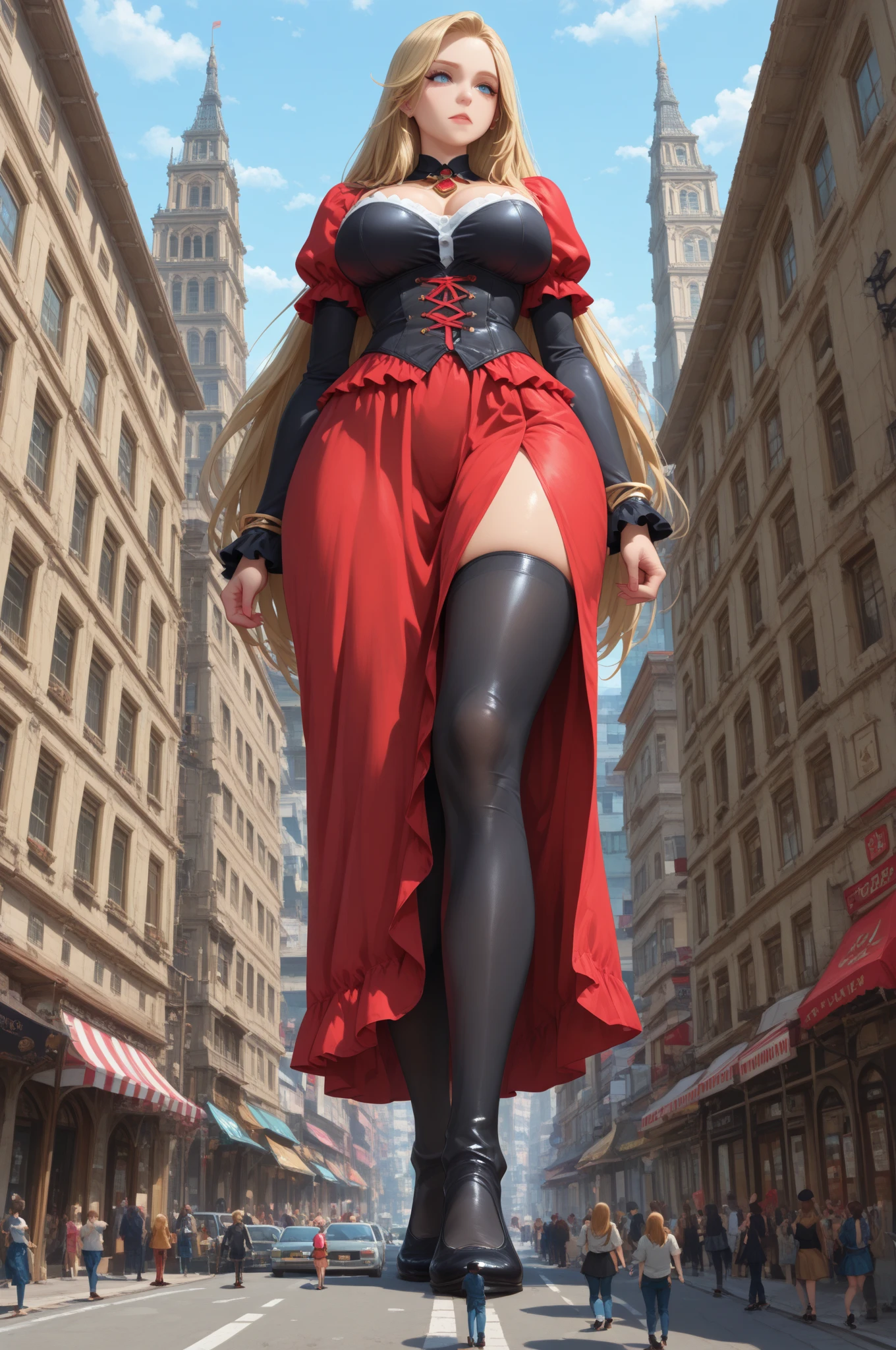 Giant Girl 50,000 feet high,Have a pair of long legs,Have a pair of huge breasts,Wearing a red bikini,Waist length blonde hair,Loose hair,Wear a pair of Mary Janes,Blonde curly hair,full of enjoyment,Standing firm in a crowded city, vandalism,It seems to be an invincible existence,Beautiful appearance,Exquisite makeup,quality,8K,高quality,(Governor:1.5),Perfect proportion, theater lighting,Film Grain,Fuji Colors,8K,Textured Skin,Super Detail,High Detail,high quality,high resolution,thunderbolt,Fake laugh,Morning, Full body image
