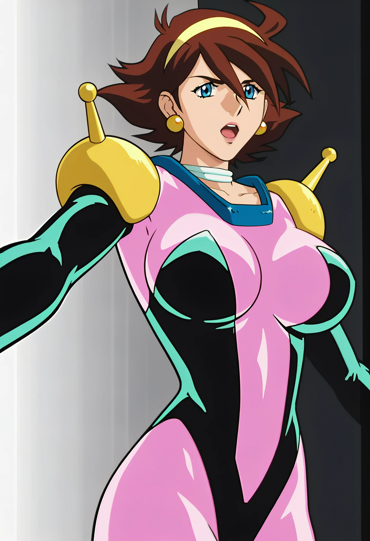 Helen parr. （luster）（shiny）Ahegao. camel toe:1.4、erect nipples､(Sweat)、(vapor)､(((long gloves:1.3)))、brown loafers、black calf length socks、Open your thighs wide to the left and right､squatting、Squat on the ground、show off your crotch to the viewer, ((enamel bondage:1.3、squat, spread your legs:1.3, arm behind head ))、12 years old、absurd、flat lighting、elevation angle、sexy pose、highest quality、Complex、surreal、perspective, very detailed, detailed background, shape、1 girl、alone、big breasts、light smile, embarrassing, blush, ((mechanical background)), 
