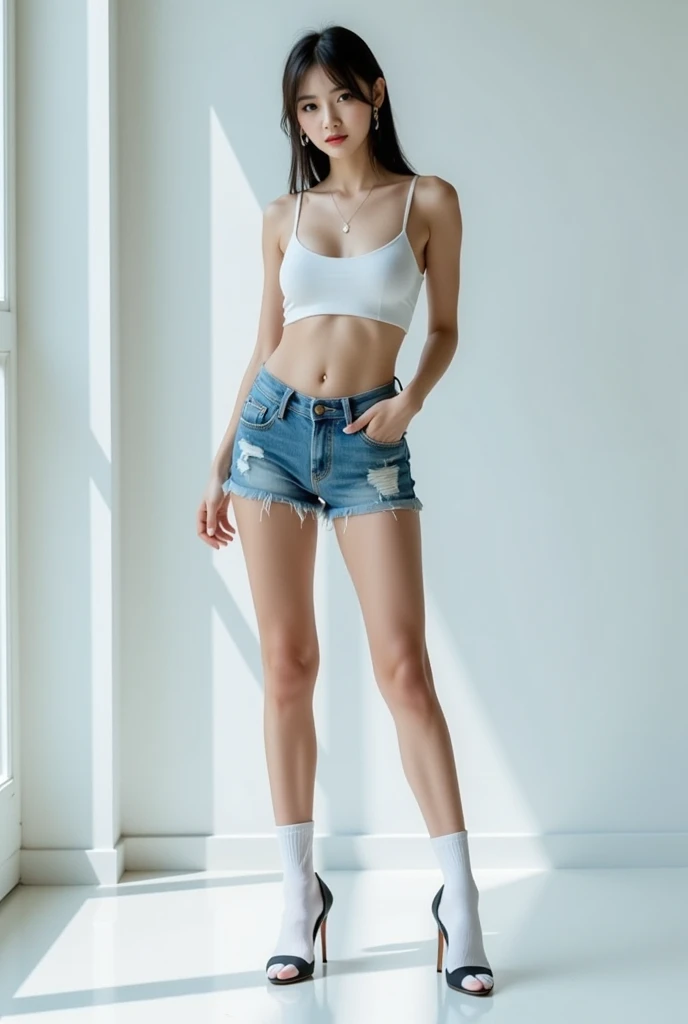 masterpiece,highest quality,High resolution,Full Body View,White jacket,Red innerwear,Belly button,Belted denim mini shorts,The heroine in white cowboy boots,Perfect Legs,Perfect Skin,Perfect Arms,Abdominal muscles,The background is an abandoned factory, short hair, naked portrait, nude photography, shiny nipple, show armpit