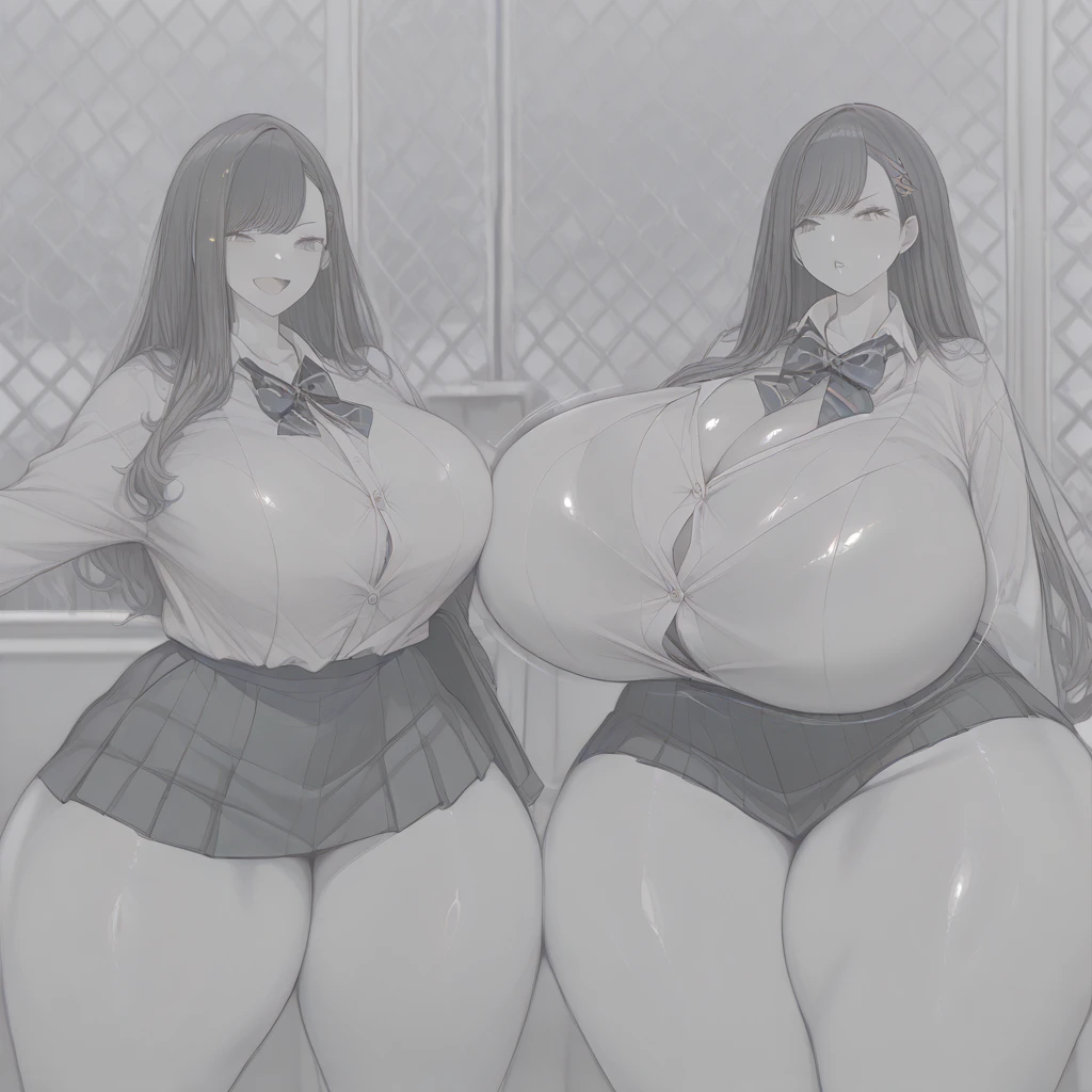(masterpiece, detailed, realistic:1.3), (2girls:1.2), asian sisters, young, teenager, skinny, (gigantic breasts:1.6), (bursting breasts:1.2), (gigantic ass), (playful expression:1.3), bra, skirt, (detailed, beautiful, realistic face), playing, school cafeteria