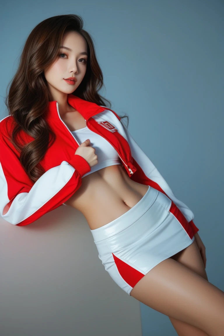 1 Girl with a sexy race queen ,((Panty shot))、(Belly button)、((メタリックカラーのレースクイーンコスチューム))、痩せている、(ultra realistic 8k cg, RAW photo, best quality, masterpiece:1.2), High detail RAW color photo, professional photograph, (realistic, photo-realistic:1.3), (best quality), (cinematic light), (masterpiece),((Knee-high))、((Nipple Covers))、(Cleavage Emphasis)、(A wet, see-through jacket)、Very bright backlight, Solo, {beautiful-detailed eyes}, Big breasts, calm expression, Natural light and soft light, hair blowing in the wind, delicate facial features, Blunt bangs, Beautiful Japanese girl, Eye Smile, Lip smile, fit girl, Racing Stadium, plein air, In-game, 20 years old, ((model poses)), Glamorous body type, film grain, Real hands, (Colorful and glossy promotional uniforms:1.3), tight dress, accessory, Thigh Show, sleeveless, (Unzip the zipper near the chest area and show the division...:1.3), (Formula Cars:1.3),ツインテール,下から,ピンクヘアー,Sticking out tongue, ツインテール、サーキットのガレージ、オフショルダー、high Ponytail.