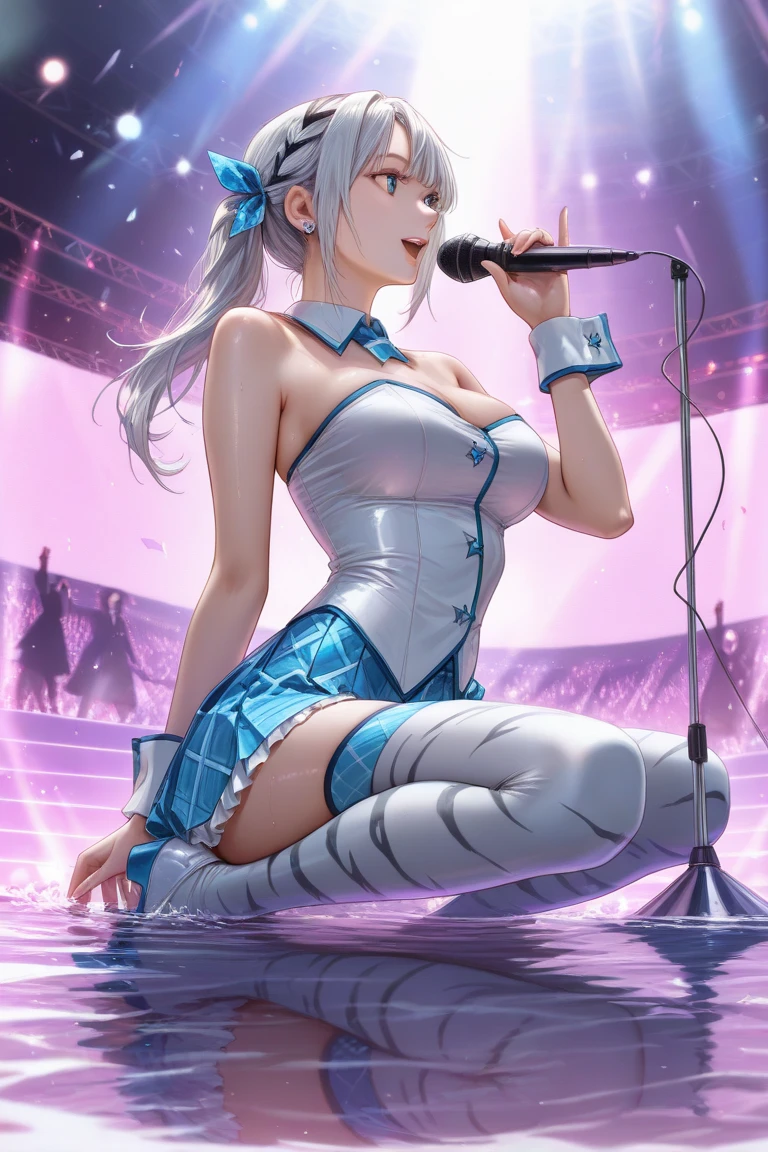 illustratio, cinematric light, A high resolution, best qualtiy, ultra - detailed, 详细的脸, (Detailed eyes), HighestQuali, 超詳細, tmasterpiece, (详细的脸), Nice face, The best smile, Sexy mature woman transparent (White and red gothic costume: 1.5), Ultra-detailed embroidery, cloths, choker necklace, Open cloth, NSFW, high-heels, eBlue eyes, Neon light small shiny hair ends,, AI Fantasy Concert, Shiny lights with neon details, idoly, (live stage: 1.15), (Sing with the microphone in your left hand: 15), Singing with ass sticking out: 5, (To the crowded audience in the background), light reflections, heart shaped iris, Playful eyes, Open the shoulders, (Wet body), tiny glowing butterflies, Hair jewelry, pantiess, Cute string white panties with ribbon: 1.5