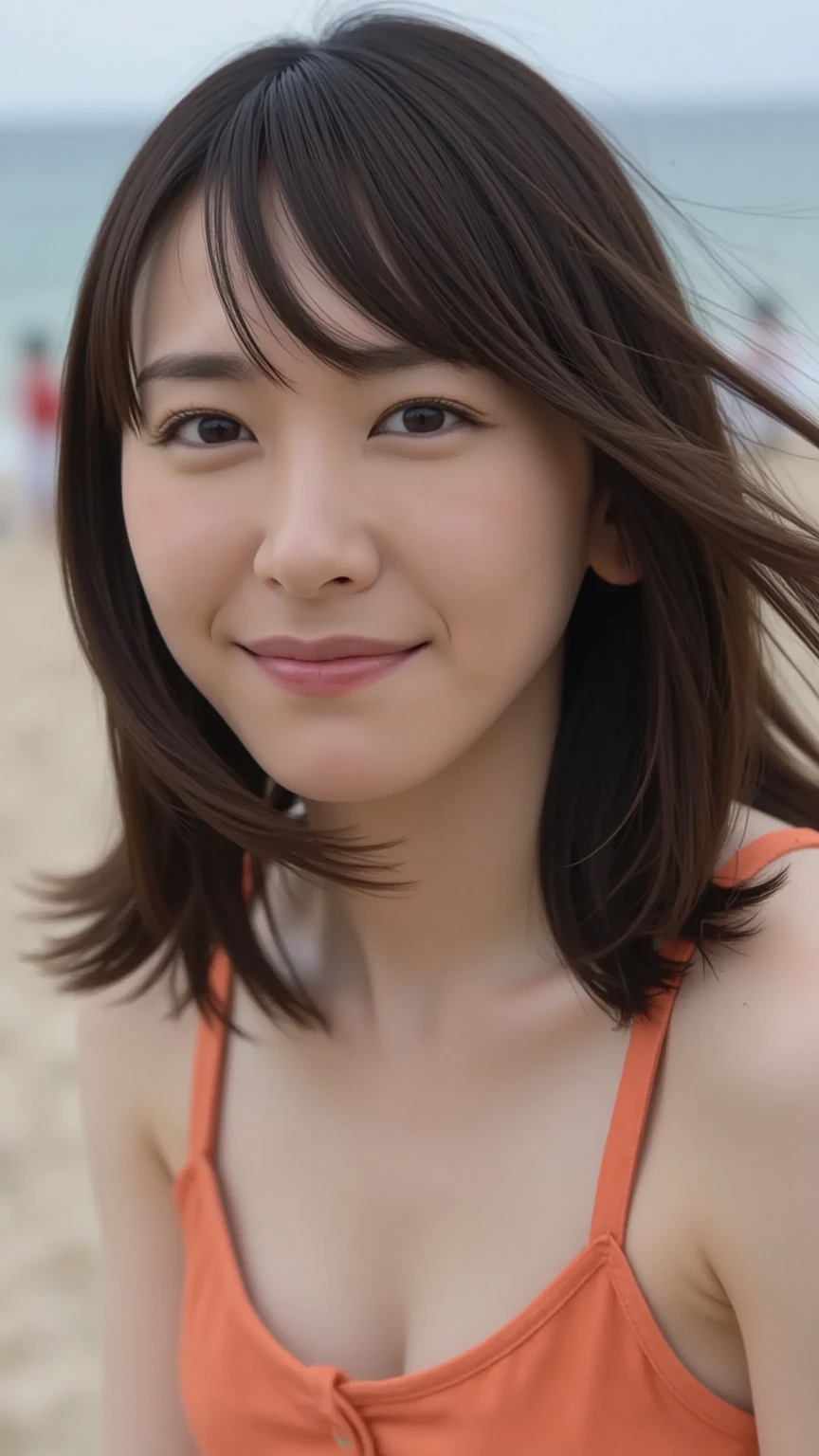 One Japan woman at 50 years old, Middle-aged women: 0.32, Realistic, Exquisite face, alone, Large Breasts, Tight grey tank top. Beach, (White skin: 1.8, ), The look of temptation, Warm lighting: Sunny day,