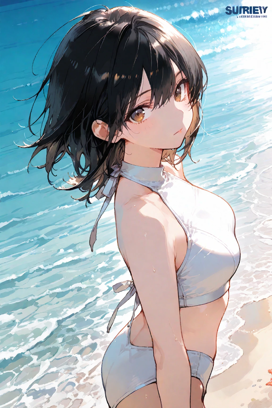(muste piece, best quality, High resolution, ticker, perfect pixel, Depth of bounds written, In 4K),
1 girl, solo, (Lori), beautiful anime girl,
Looking at Viewer,
perfect body,
full face blush,
short hair, black hair, eyes are blue, large boobs,
smile, open mouth,
frill white bikini,
white pareo,
beach, summer,