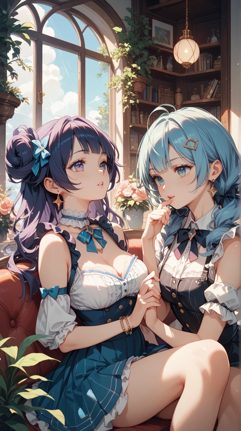 (64k, RAW photo, highres, best quality, masterpiece:2.0), (ultra-fine depiction of the detail:2.0), (realistic, beautiful, photo-realistic:1.3), 2girls, sisters in law, (yuri alpha), (long black hair, slightly messy), (slightly messy diagonal bangs:1.0), (single braid bun, double bun), (shiny black hair, blue-gray eyes), (cool glasses), (gothic style vivid blue choker), (blue bowtie and ribbon), (simple but high-quality maid dress), (elaborately designed, vivid dark emerald green, spiked gantlets), (solemn maid dress with gothic style coreset), (huge breasts, sexy cleavage), (elegant and handsome woman), (shiny skin, pink lips), (looking at the viewer), (closed mouth, a faint smile), (a caring, gentle gaze towards the viewer:1.2), (at a quiet bar counter, in the night, filled with solemn, mysterious atmosphere), (highly sophisticated professional HDR, with effective ambient occlusion, perfectly optimized effective spot light and front light:1.8), (perfect, natural, harmonious composition), (photo-realistic, ultra-detailed:1.5), ((portrait, cowboy shot:1.6))
