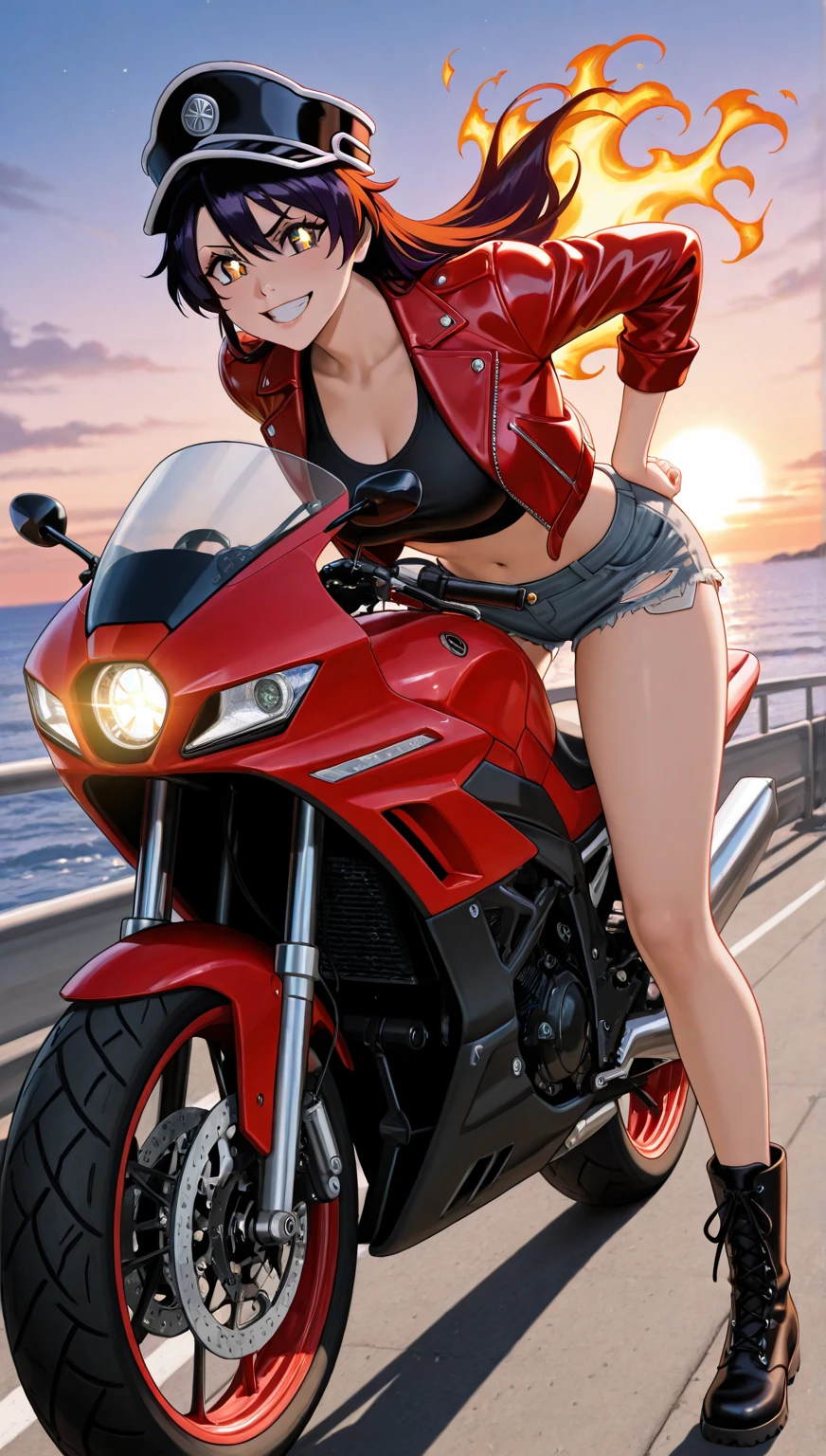 Official art, Unity 8k Wallpapers, ultra-detailliert, Beautiful and aesthetic, ​masterpiece, top-quality, realist, shorth hair, red hairs, Off-road bikes, motor bikes, natta, Cyberpunk City View, Spectacular screen, Leather Bodysuit、Exposed limbs、highleg、Open to the chest
