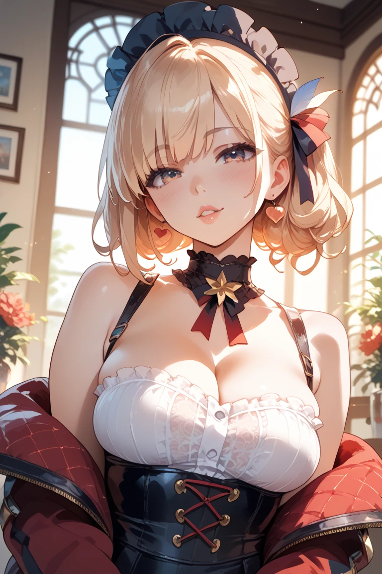 masterpiece, best quality, highly detailed, high resolution, expensive resolution, high resolution, 4K, 8k, uniform 8k wallpaper, highly detailed CG, masterpiece, 2D, 3D, beautiful details, depth, fine texture, best quality: 1.3, perfectly focused, crispy. skin, him, very cute anime girl, idol, brown double hair buns wearing expensive, mole under eye, looking at the viewer, expensive, blush, mole, plump lips, heart, pink eyes, heart shaped choker
